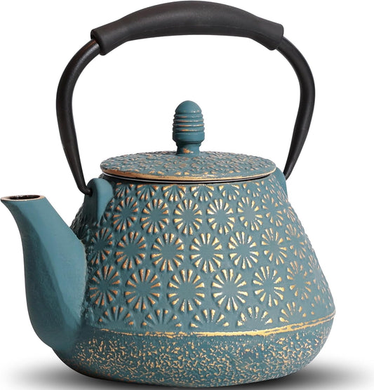 Cast Iron Teapot, 32oz Tea Kettle with Infuser for Stove Top, Sakura Blossom Pattern Japanese Tea Pot for Tea & Coffee Coated with Enameled Interior, Silicone Handle 950ml Blue
