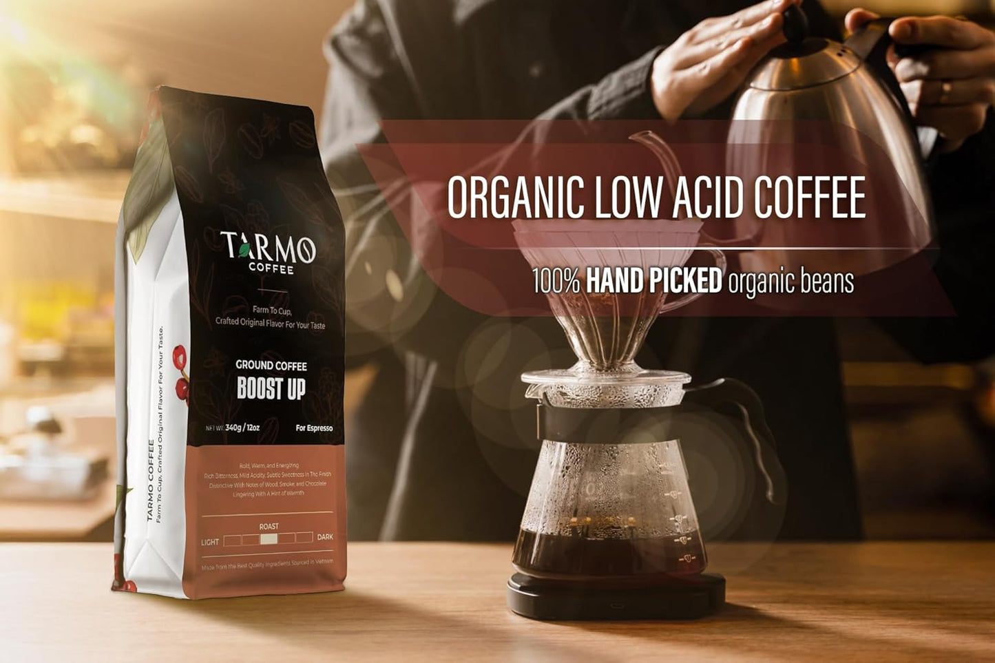 TARMO -BOOST UP | Low Acid ARABICA & ROBUSTA BLEND Ground Coffee | Specialty Vietnamese Coffee | Single Origin - Dark Roast | High Caffeine Coffee Ground | 12 Oz Bag