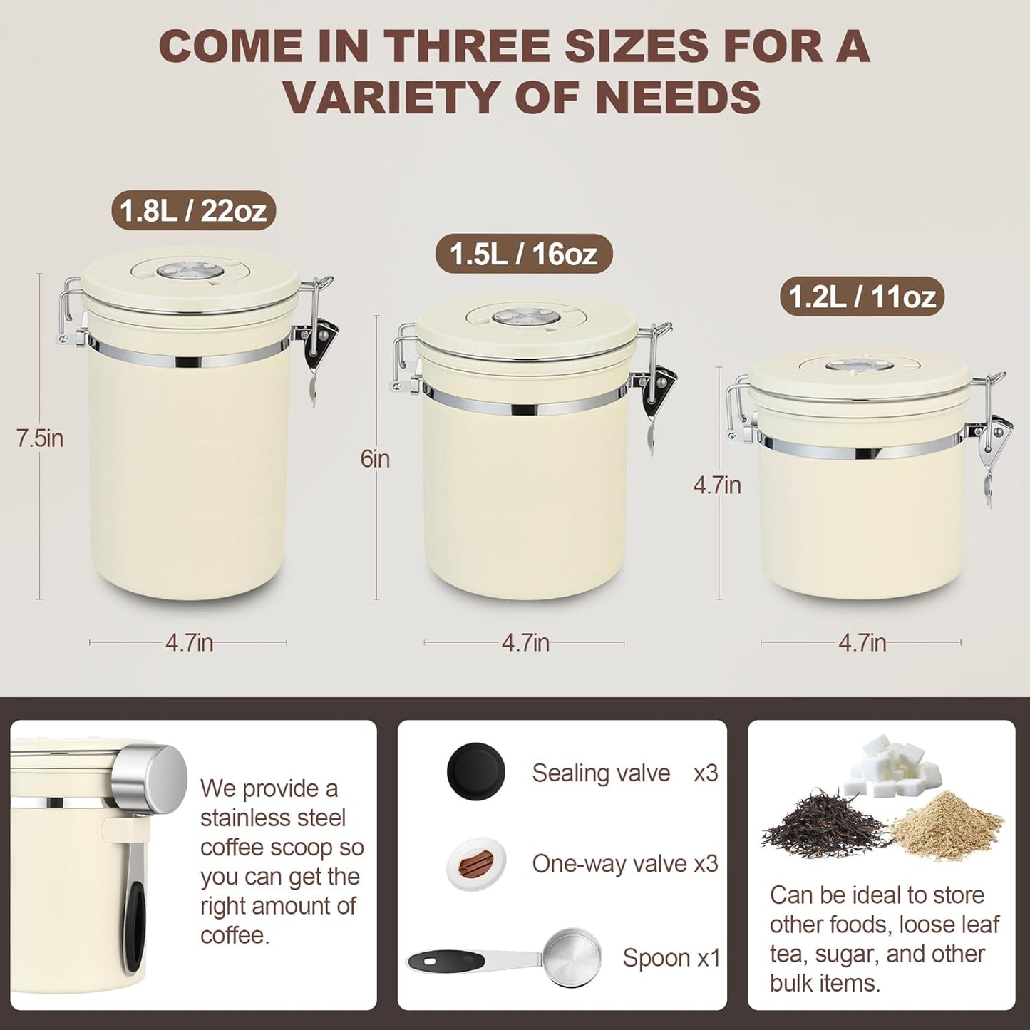 ShanSon Coffee Canister Airtight Coffee Container Stainless Steel Coffee Bean Storage Container with Scoop Coffee Canister for Beans Grounds Sugar Flour Tea Cereal,22OZ,Beige
