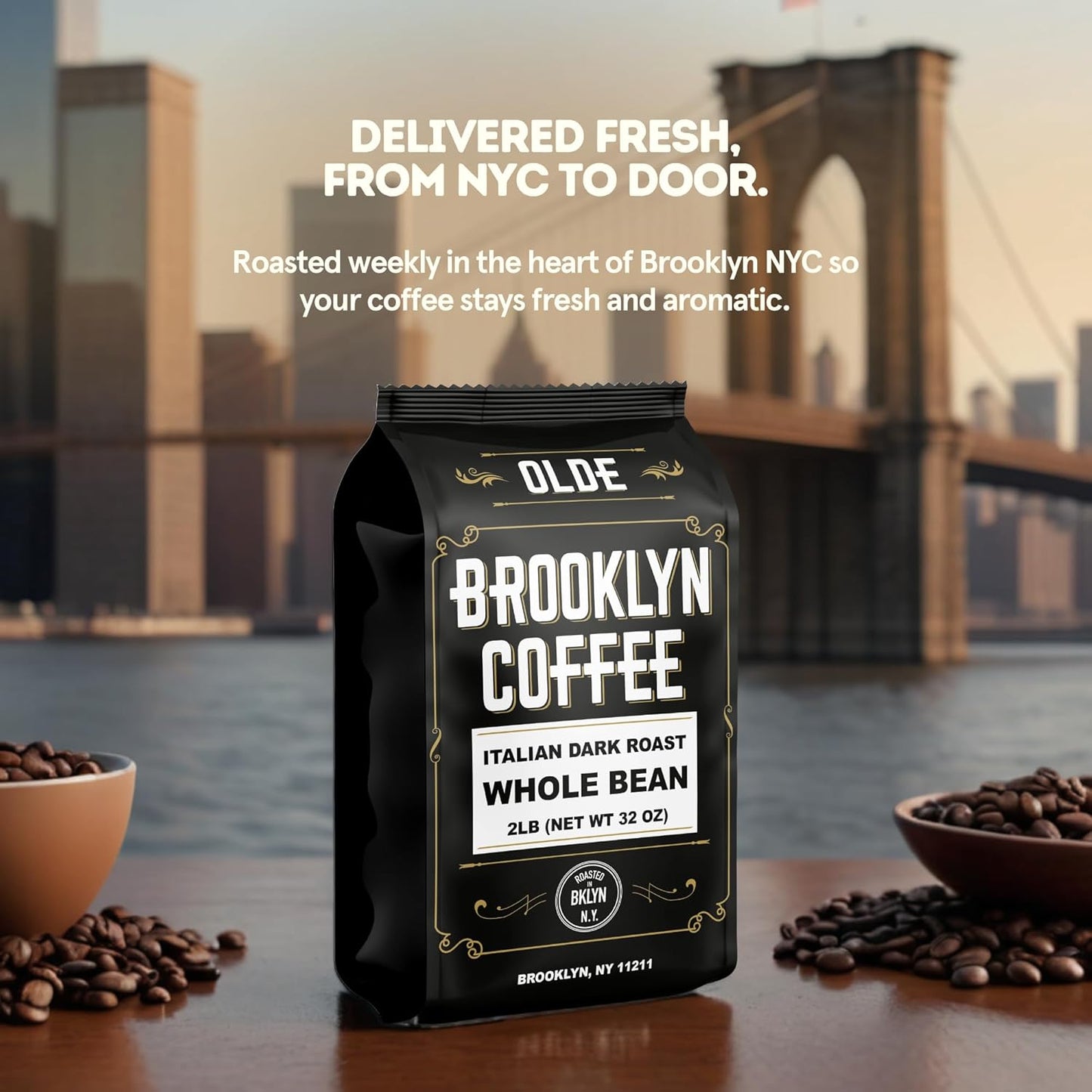 BROOKLYN COFFEE Whole Bean, Italian Dark Roast (2lb) Extra Strong, Delicious Taste, Heavenly Aroma - Fresh Bulk Coffee Beans Roasted Weekly in NYC