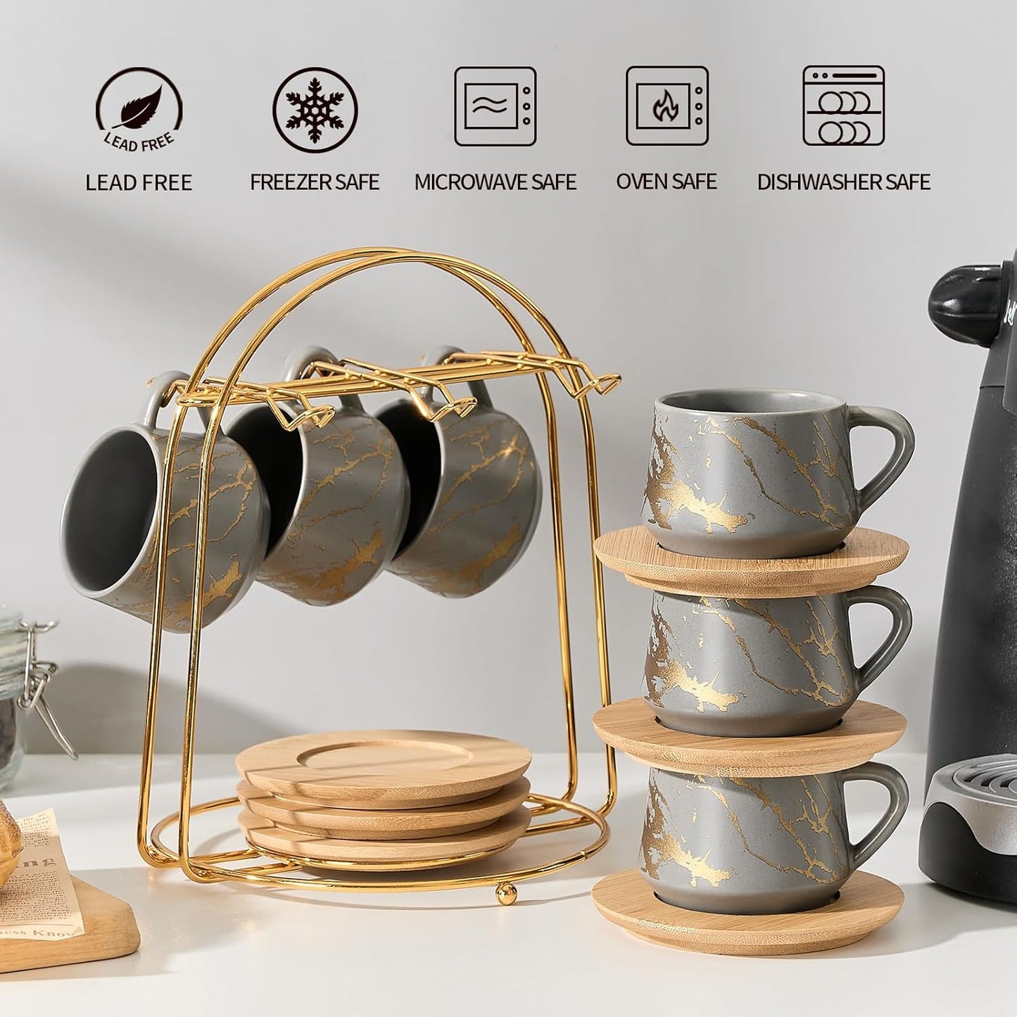 LUKA Ceramic Espresso Cups with Saucers and Metal Stand, Small 4 oz Porcelain Demitasse Cups Set of 6, Cute Cappuccino Coffee Cups for Double Espresso, Tea, Marbling Gray