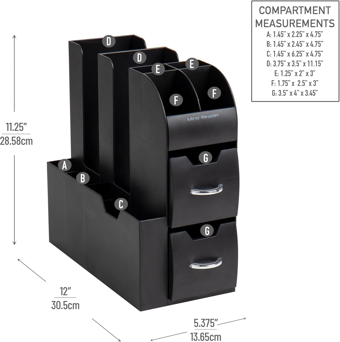 Mind Reader Cup and Condiment Station, Countertop Organizer, Coffee Bar, Kitchen, Stirrers, 5.35"W x 11.25"L x 11.15"H, Black