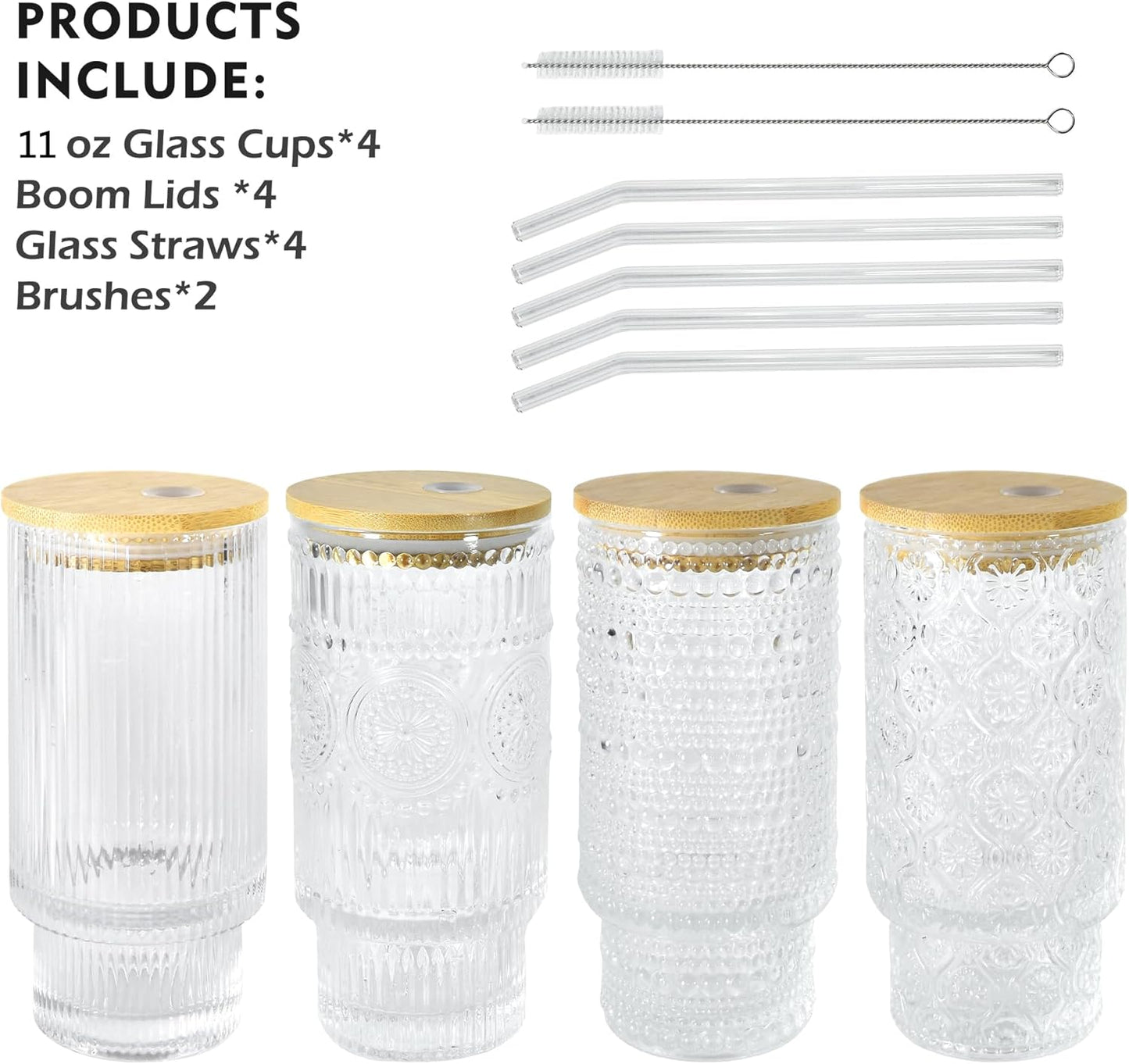 4 Pcs 11 oz Drinking Glasses Cups Set with Bamboo Lids Straws Brush Small Glassware Set for Mojito Iced Coffee Cocktail Whiskey(4 Mixed Pattern)