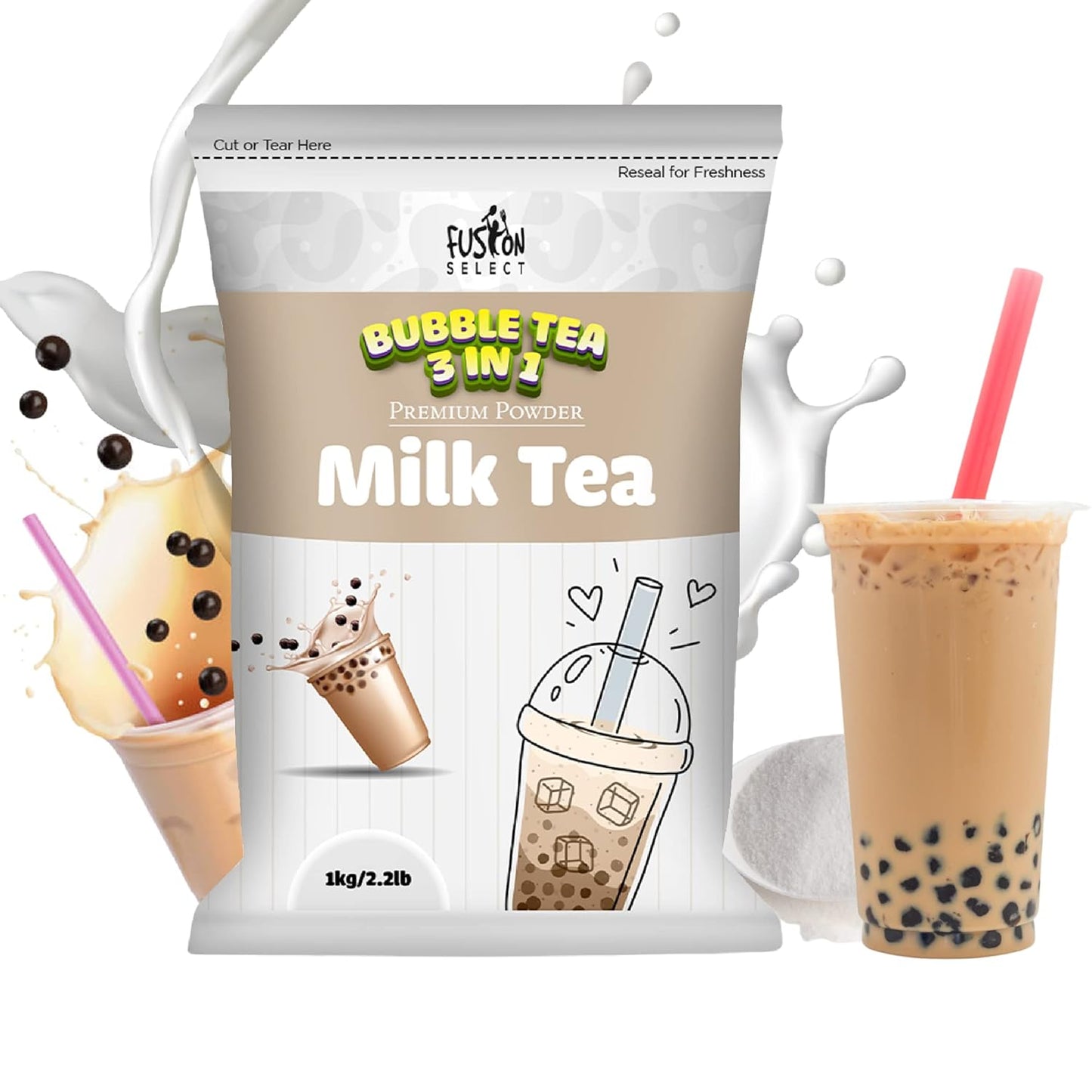 Fusion Select 2.2lb Boba Milk Tea Flavored-3-in-1 Drink Powder with Cream & Sugar - Instant Pre-Mixed Beverage for Hot or Cold Blends or Yummy Frappes