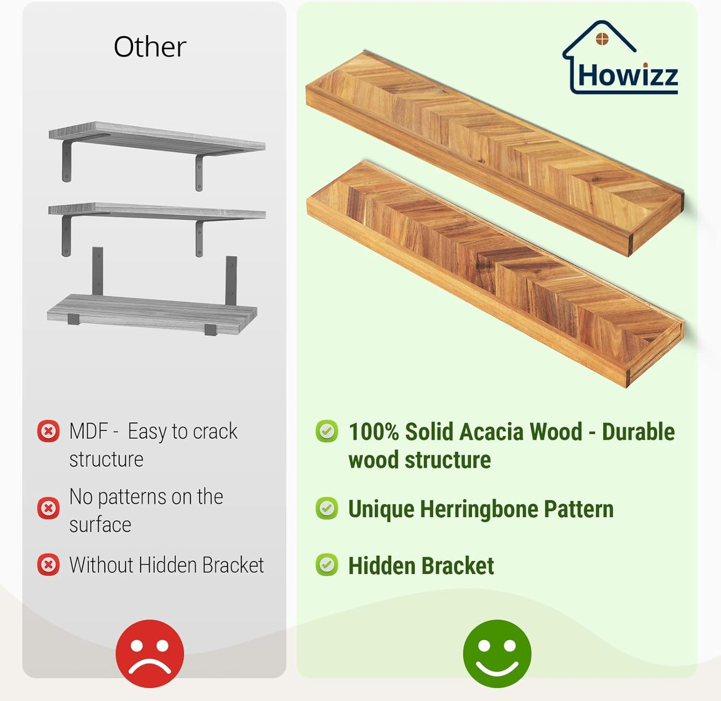 24" Acacia Chevron Floating Shelves Set of 2 - Wall Mounted Wooden Shelf for Stylish Home Décor - Natural Color - 24x6.7x1.5 Inches