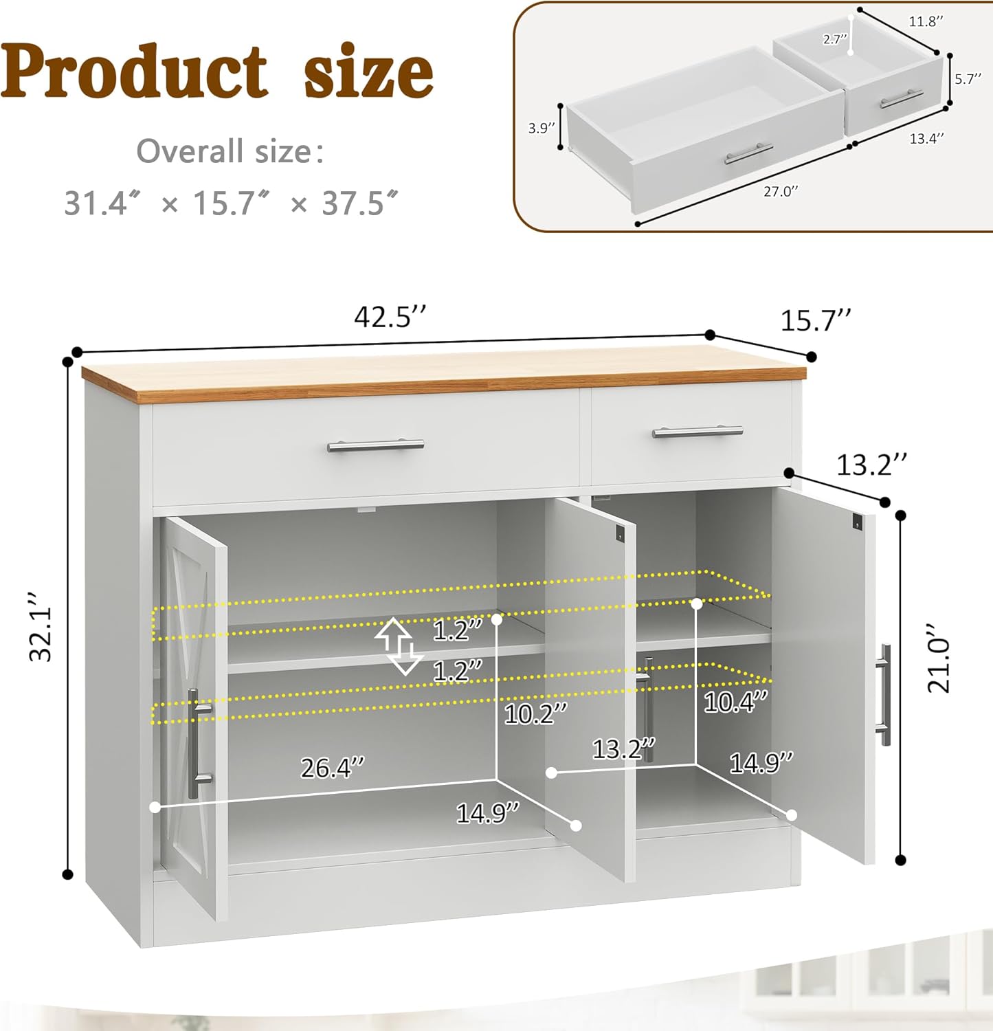 Vongrasig Buffet Cabinet with Drawers, 43” Coffee Bar Cabinet Farmhouse Kitchen Buffet Storage Cabinet with 3 Doors, Wood Buffet Table for Kitchen Living Room,White