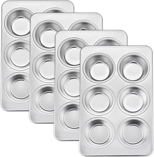 TeamFar Muffin Pan Set of 4, 6 Cup Muffin Tins Pans For Baking, Cupcake Pan Tray Set Stainless Steel for Baking Muffins Cakes Tarts and More, Healthy & Sturdy, Oven & Dishwasher Safe