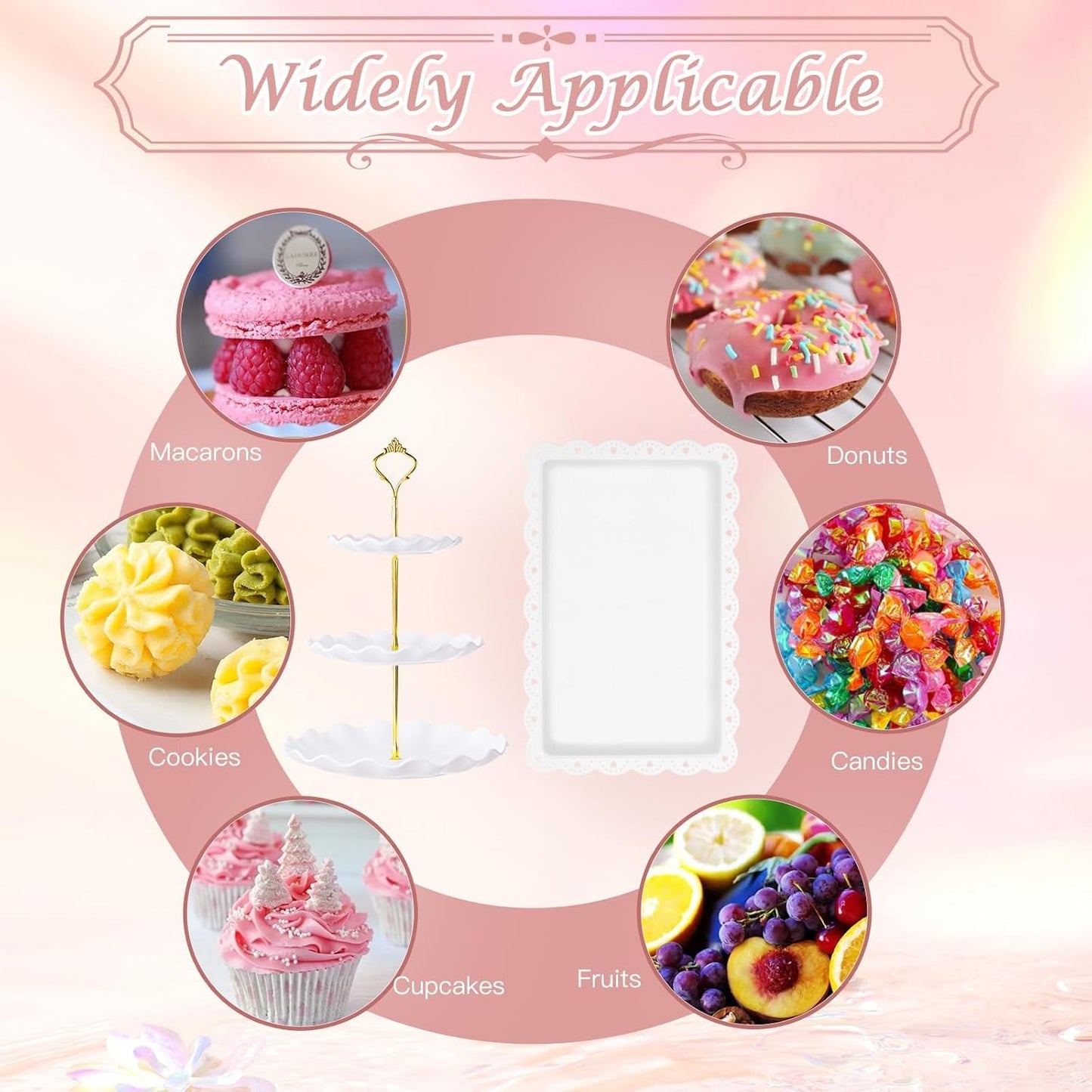 PinCute 5 Pcs Dessert Table Display Set - 2 X Cupcake Stand Holder/Cup Cake Tier Tower & 3 X Serving Tray Combo for Tea Party, Birthday, Baby Shower (Wave Round)