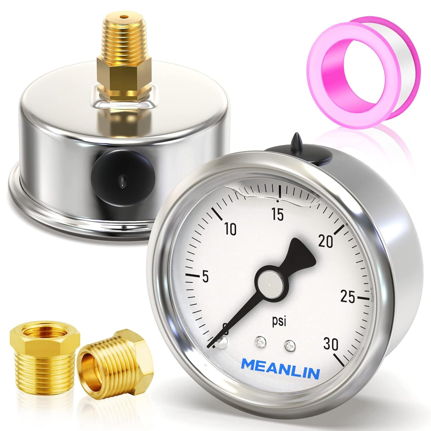 MEANLIN MEASURE 0~30Psi Stainless Steel 1/4" NPT 2.5" Single Scale FACE DIAL, Glycerin Filled Pressure Gauge, WOG Water Oil Air, Back Mount, with 1/2" NPT and 3/8" NPT Hex Bushing