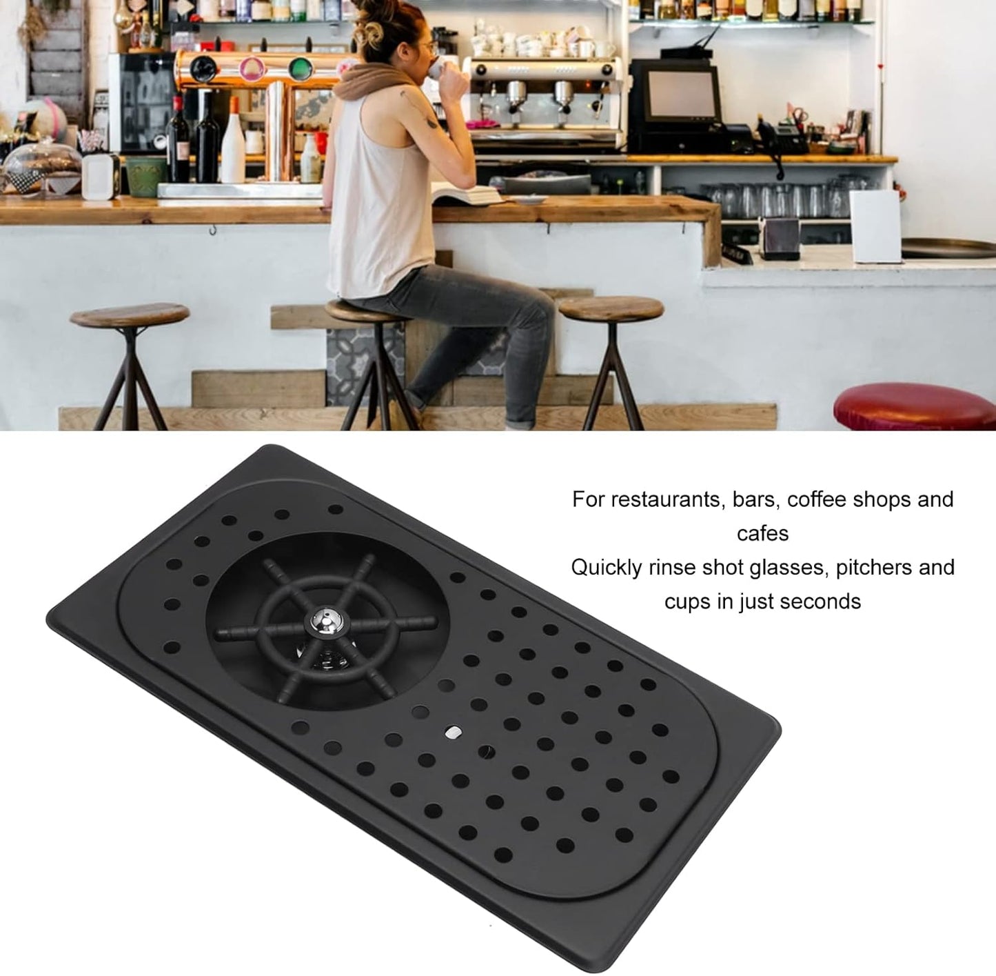 Glass Rinser, Countertop Commercial Pitcher Rinser, High Pressure Cup Washer, Stainless Steel Cup Washer with Drain Drip Tray Hose for Home Kitchen, Restaurant, Bar, Coffee (Black)