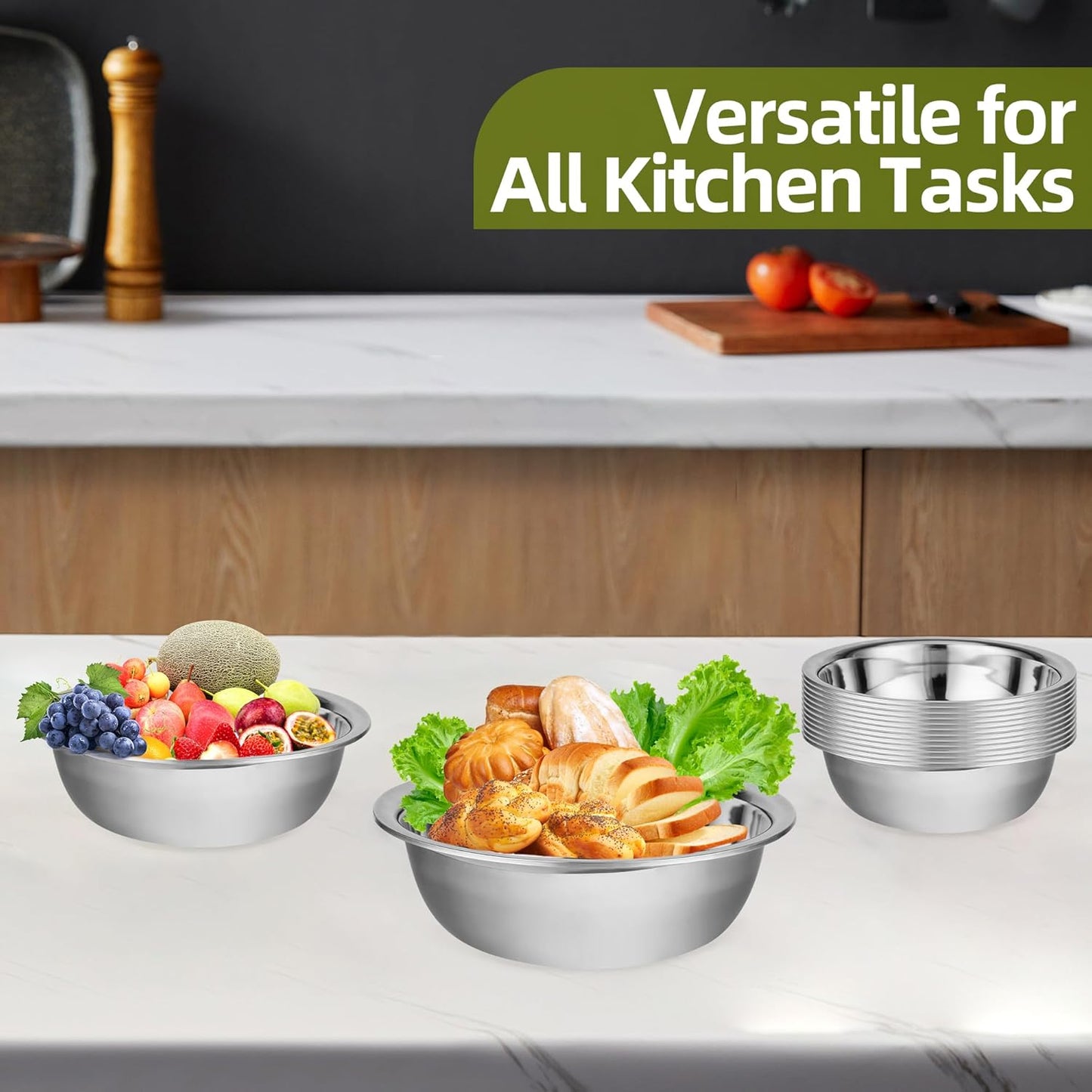 12 Pack 9.45 x 2.68 Inch Stainless Steel Mixing Bowls for Bulk Food Prep with Nesting Design for Hotel Restaurant and Home Kitchen Cooking in Silver