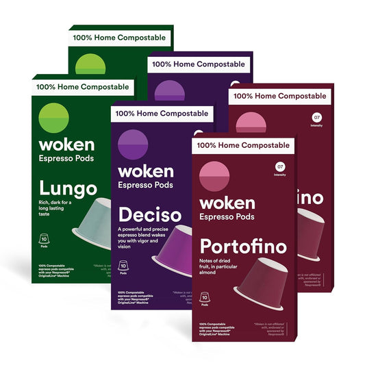 WOKEN COFFEE Compostable Nespresso Pods Variety Pack - Dark and Medium Roast Italian Espresso - Compostable Coffee Pods Compatible with Nespresso Machine (60 Pod Count, 6 Boxes)