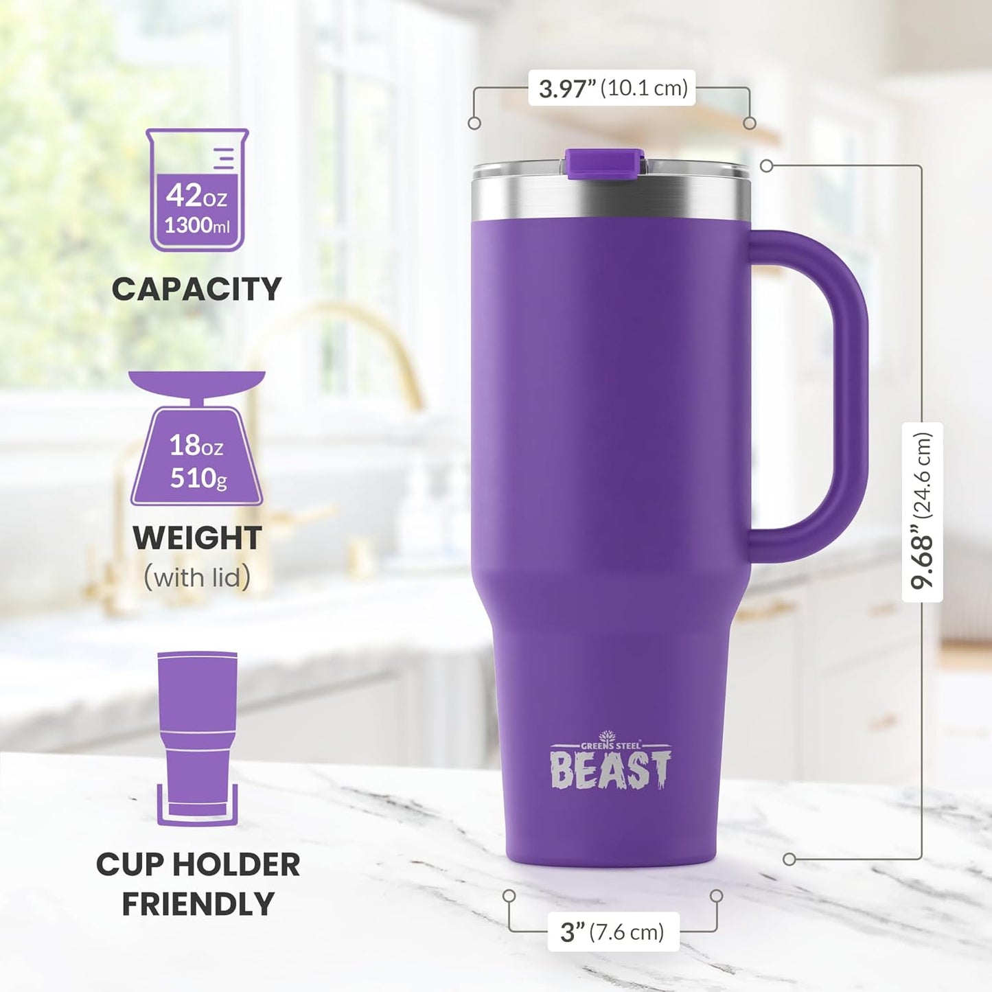 Beast 42 oz Tumbler Stainless Steel Vacuum Insulated Coffee Ice Cup Double Wall Travel Flask (Deep Purple)