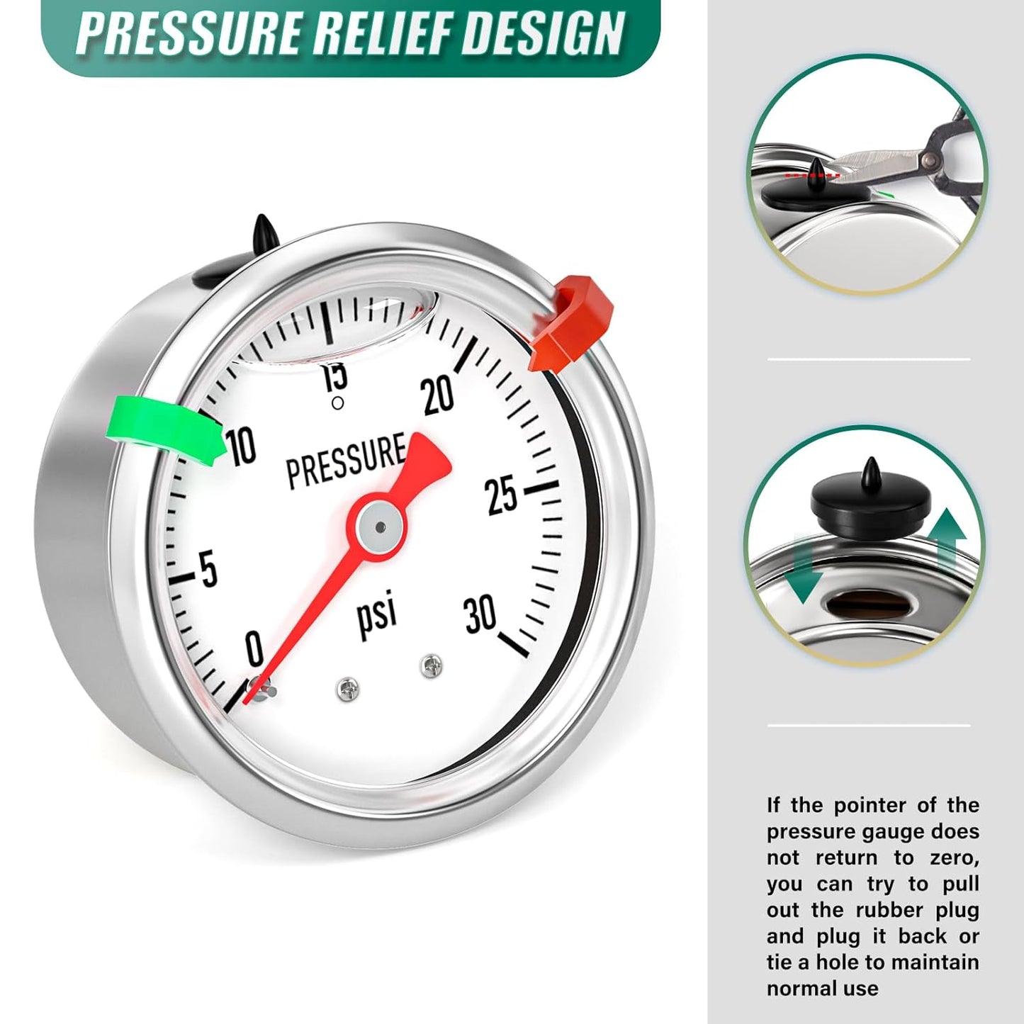 0-30psi Stainless Steel Glycerin Liquid Filled Pressure Gauge 1/8" NPT 1.5" Face Dial, Center Back Mount, for Water, Oil and Air Pressure Testing (with Range Mark Pointer)