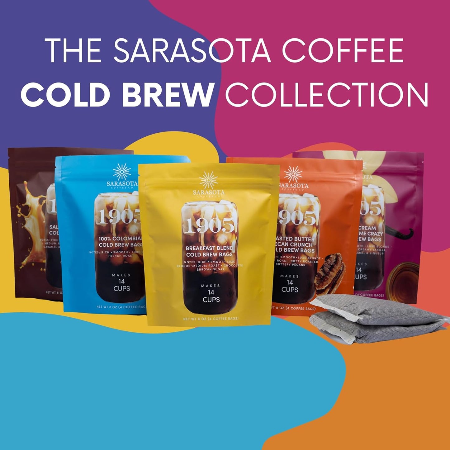 Sarasota Coffee 1905 Cold Brew Coffee Bags | Roasted Butter Pecan Crunch | Blonde-Medium Roast | Low Acid & Smooth | Ground Filter Packs | Cold Brew Kit Makes 14 Cups | Rich Nutty Notes