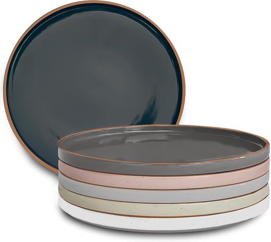 Mora Ceramic Flat Dinner Plates Set of 6, 10.5 in High Edge Dish Set - Microwave, Oven, and Dishwasher Safe, Scratch Resistant, Modern Dinnerware- Kitchen Porcelain Serving Dishes - Assorted Neutrals