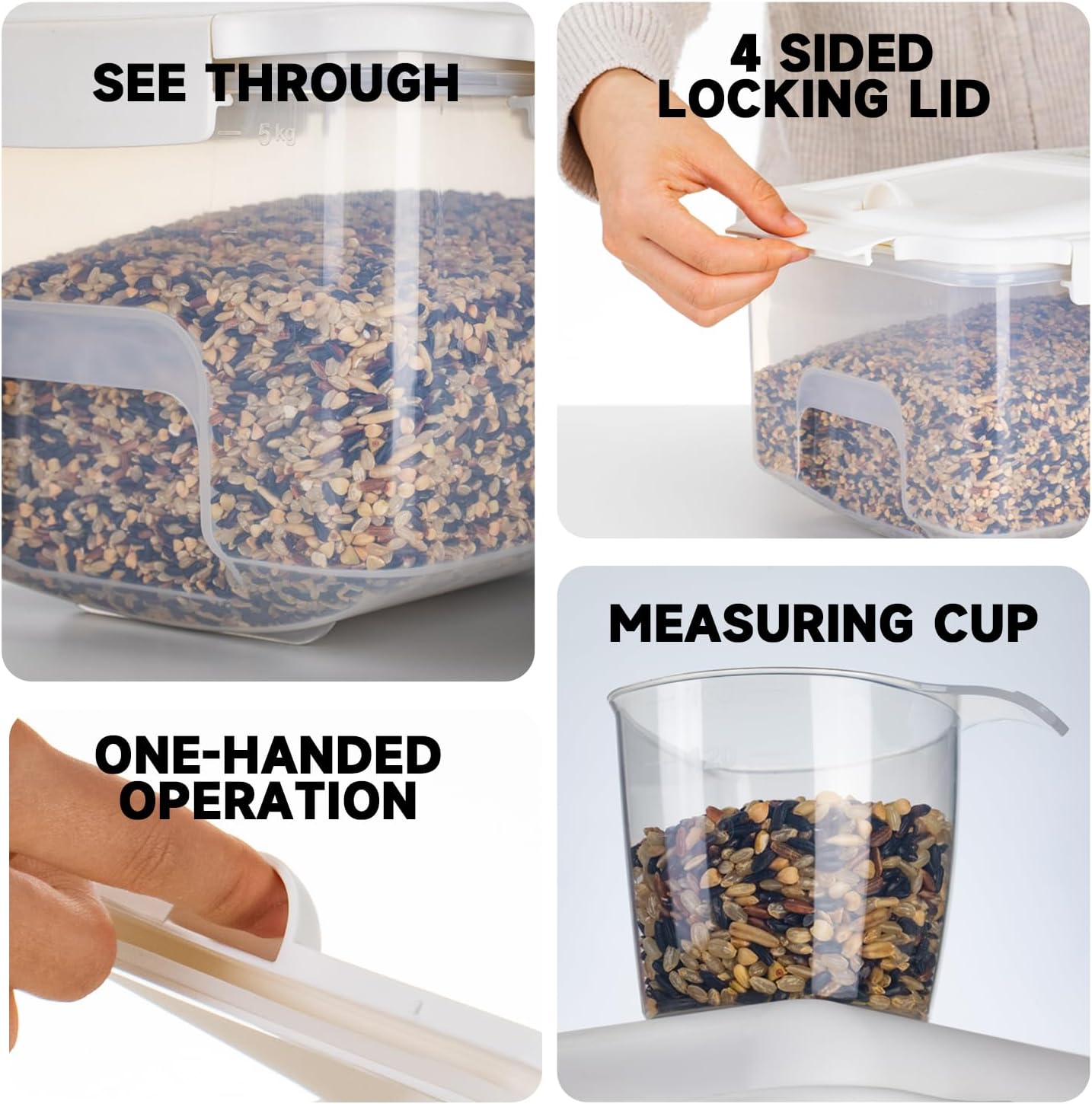 Rice Storage Container 20 lbs - 15 lbs Airtight Flour Dispenser with Lids & wheel, BPA Free, kitchen organizers for Pet/Cat/Dog Food Storage Container (10 lbs), White