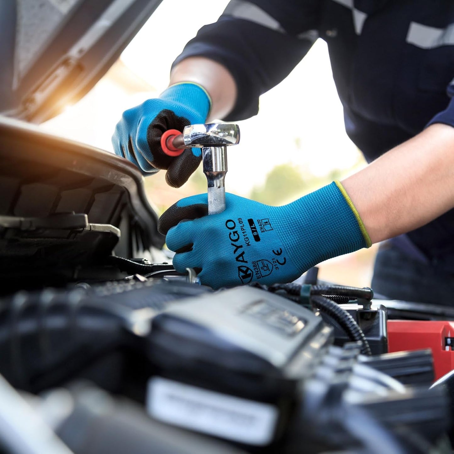 KAYGO Safety Work Gloves PU Coated, 12 Pairs KG11PB, Seamless Knit Glove with Polyurethane Coated Smooth Grip on Palm & Fingers, for Men and Women, Ideal for General Duty Work (Large,Blue)