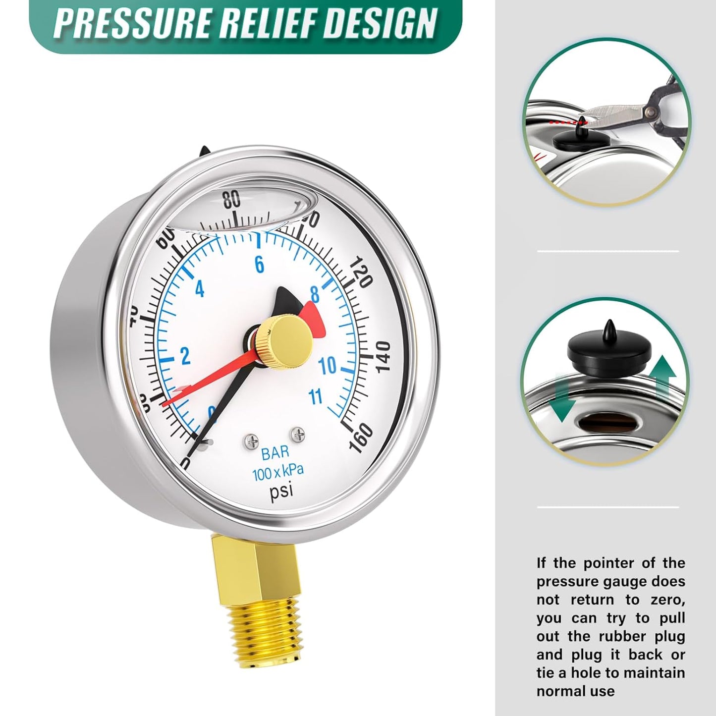 0-160PSI Stainless Steel with Reset Pointer Liquid Filled Pressure Gauge, 2.5" Dial Size, 1/4" NPT Lower Mount, for Tube, Water Pump, Gas, Liquid, Pressure Test