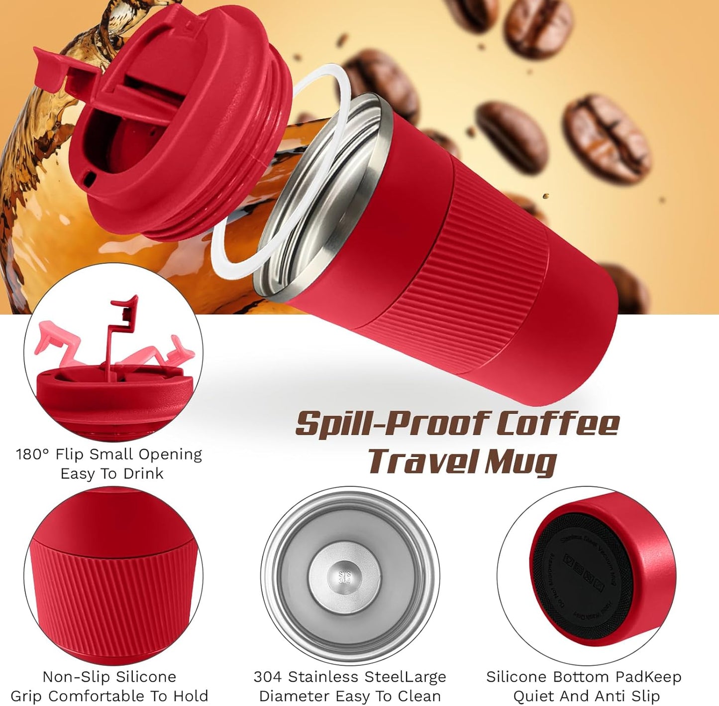 Vacuum-Insulated Stainless Steel Travel Coffee Mug, Leak-Proof Reusable Coffee Cup with Lid - Keep Hot & Cold Drinks for Hours, Durable Thermos Tumbler for Men & Women (3rd-Red, 17OZ)