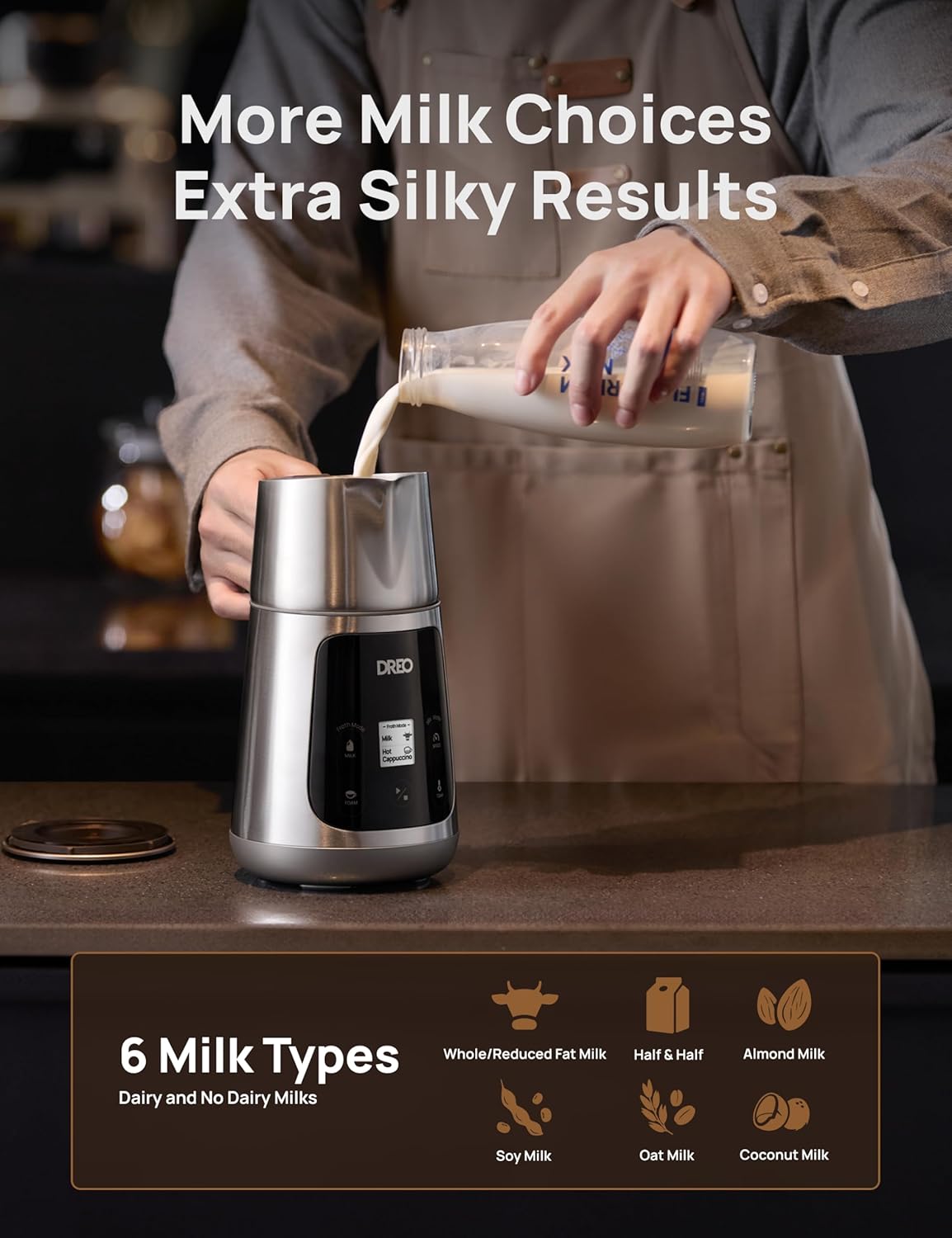 Dreo Milk Frother [Upgraded], All-in-1 Electric Foam Maker for Coffee, 15oz/450ml Automatic Foam Frother for Latte Art-level Microfoam, 30+ Drinks, Dishwasher Safe, Easy to Clean, LED display