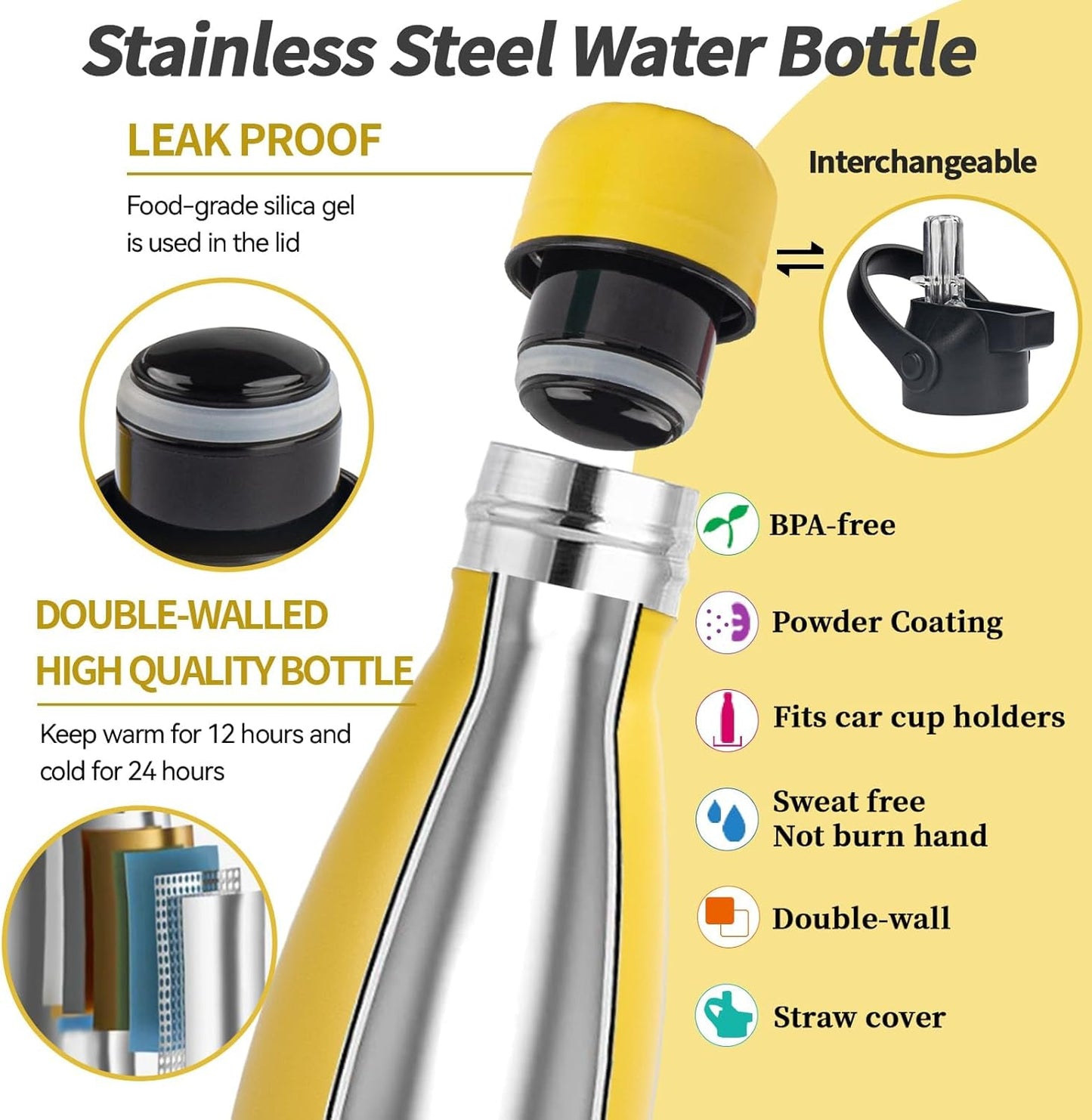 Insulated Water Bottle, 2 Pack-12oz Stainless Steel Water Bottles with straw lid, Metal Sports Water Bottles for Boys,Girls, Double Wall Vacuum BPA-Free Flask for School, Sports (Black-yellow)