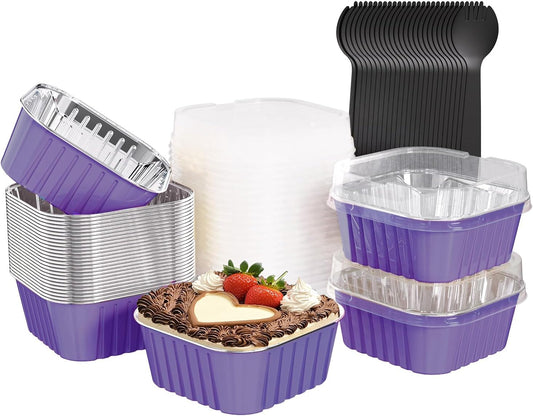 25 Pack Square Mini Cake Pans with Lids,Mini Loaf Pans with Lids,Aluminum Foil Baking Cups,Disposable Ramekins Cupcake Cups,Dessert Cups for Wedding Birthday Party Picnics,5oz (Purple)