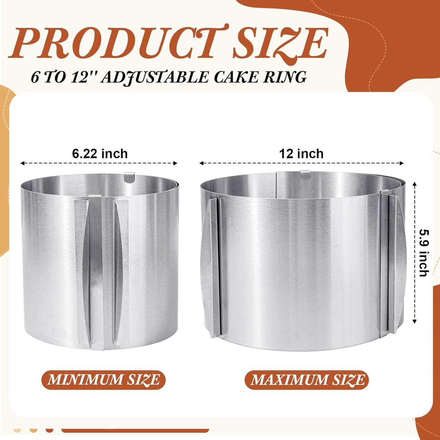 Hushee Cake Mold 15 cm High, 6 to 12'' Adjustable Ring Cake Baking Supplies Rings Round Stainless Steel Decorating Bakeware Tools with Scaling for Mousse Baking Dessert Making(2 Pcs,15 cm)