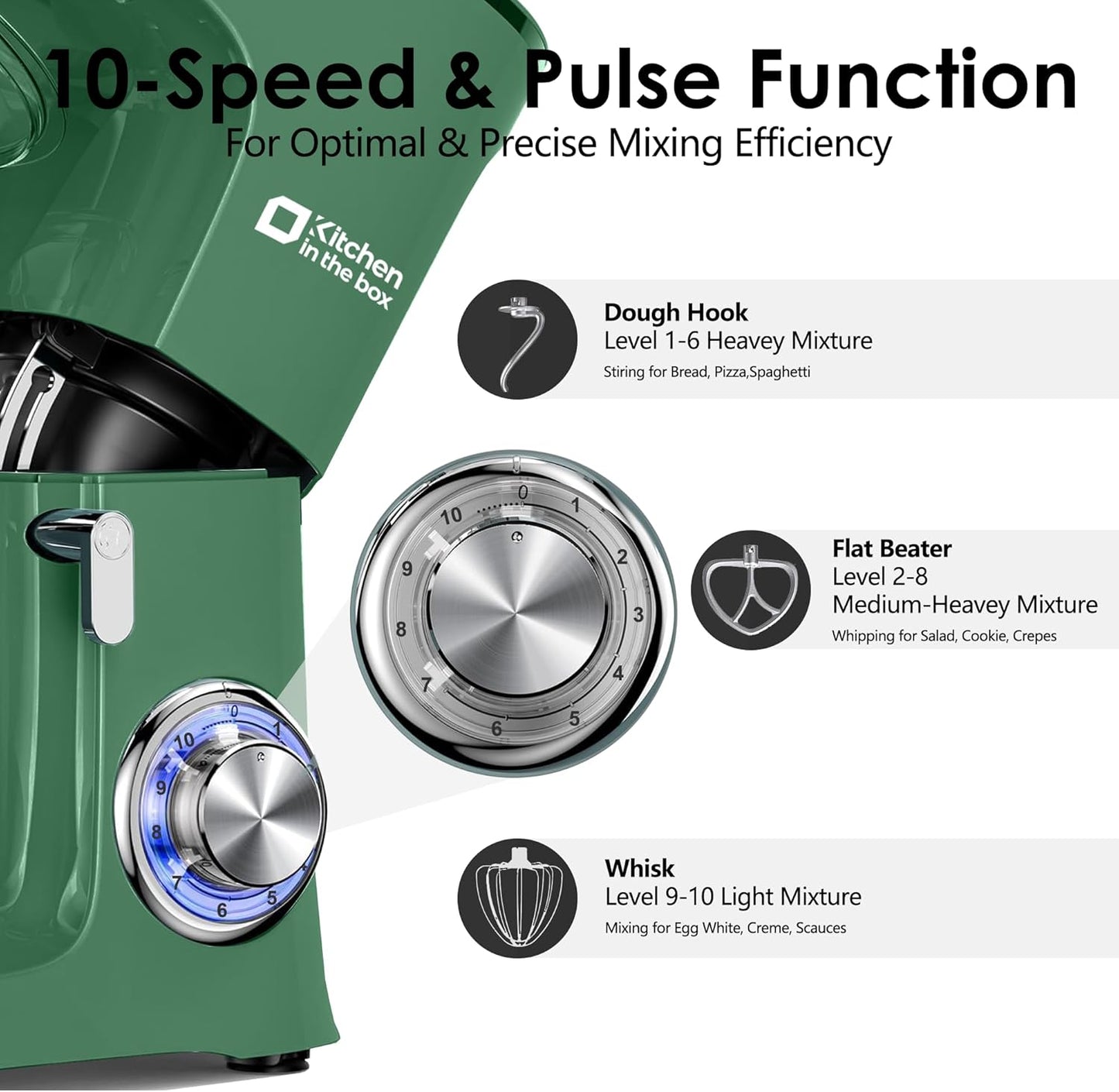 Kitchen in the Box Stand Mixer, 900W 8.5 QT Kitchen Electric Mixer, 10-Speed Large Capacity Tilt-head Food Mixer with Dough Hook, Wire Whip, Flat Beater & Splash Guard (Green)