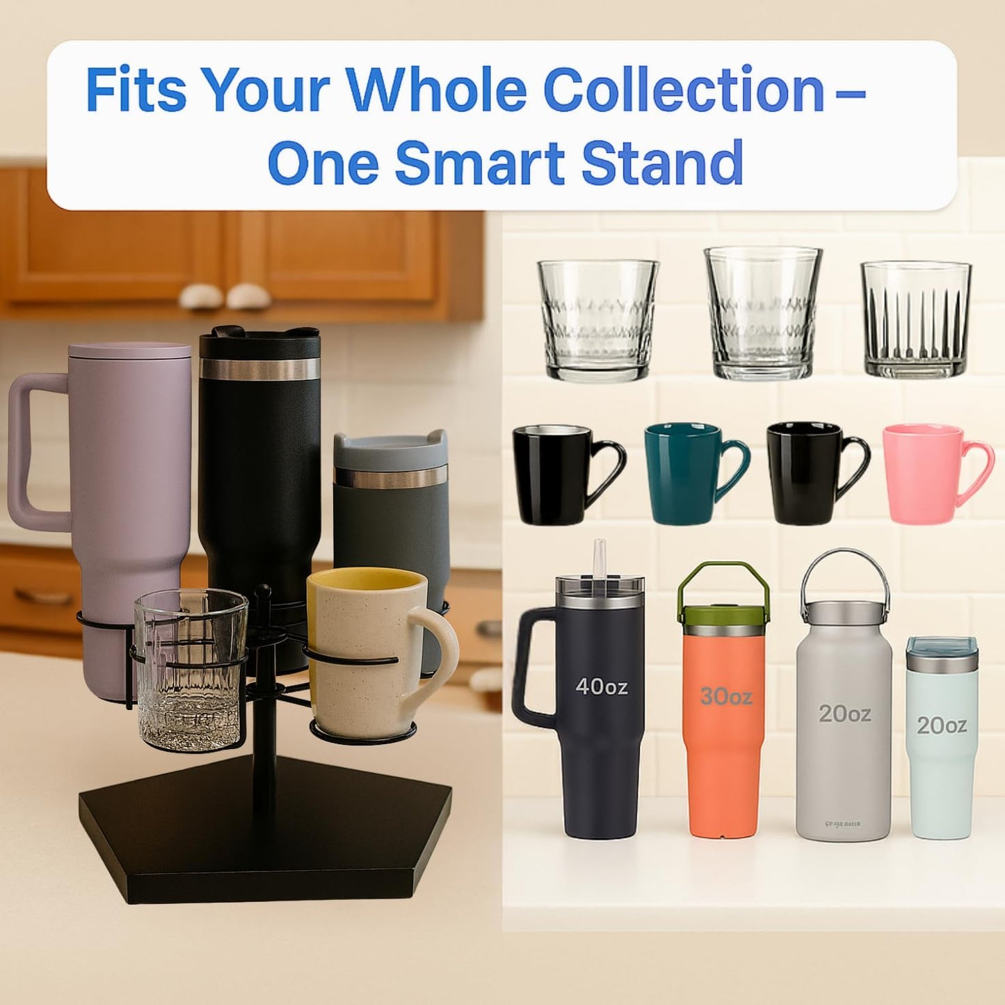 Stanley Cup Holder & Rotating Bottle Organizer – 5-Slot Wood Stand for 20/30/40oz Tumblers, Drinking Glasses, Coffee Mugs, Yeti, Hydro Flask – Countertop & Cabinet Cup Storage Rack