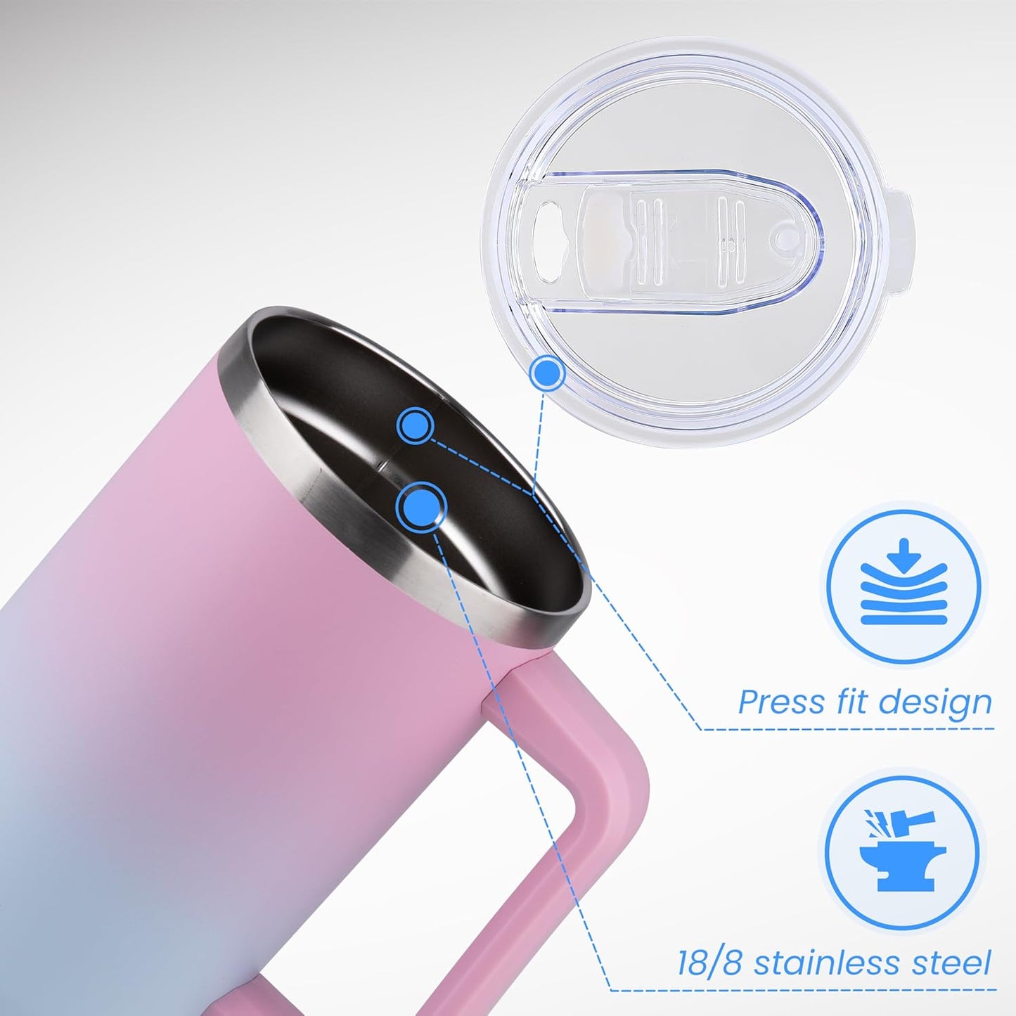 DOMICARE 40 oz Tumbler with Handle and Straw, Stainless Steel Tumbler with Lid and Straw, Reusable Vacuum Insulated Cup, Travel Coffee Mug, Dreamy Pink Blue, 1Pack