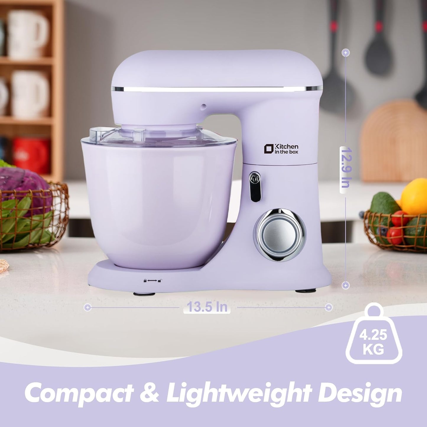 Kitchen in the box Stand Mixer, 4.5QT+5QT Two bowls Electric Food Mixer, 10 Speeds 3-IN-1 Kitchen Mixer for Daily Use with Egg Whisk,Dough Hook,Flat Beater (Lilac, 5QT)