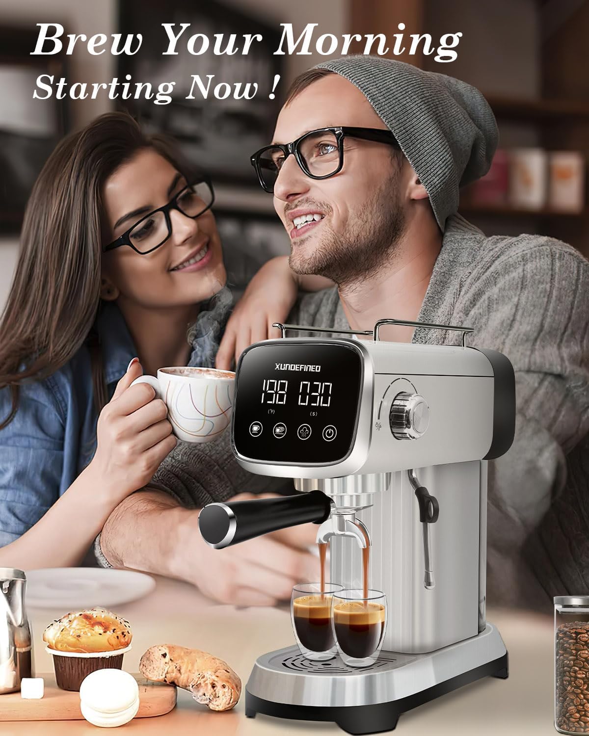 Espresso Machines 20 Bar with LED Touchscreen, Adjustable Temperature(185~203°F) Timing(25~60s), Compact Stainless Steel Coffee Maker with Milk Frother Steam Wand for Home Cappuccino & Latte Maker