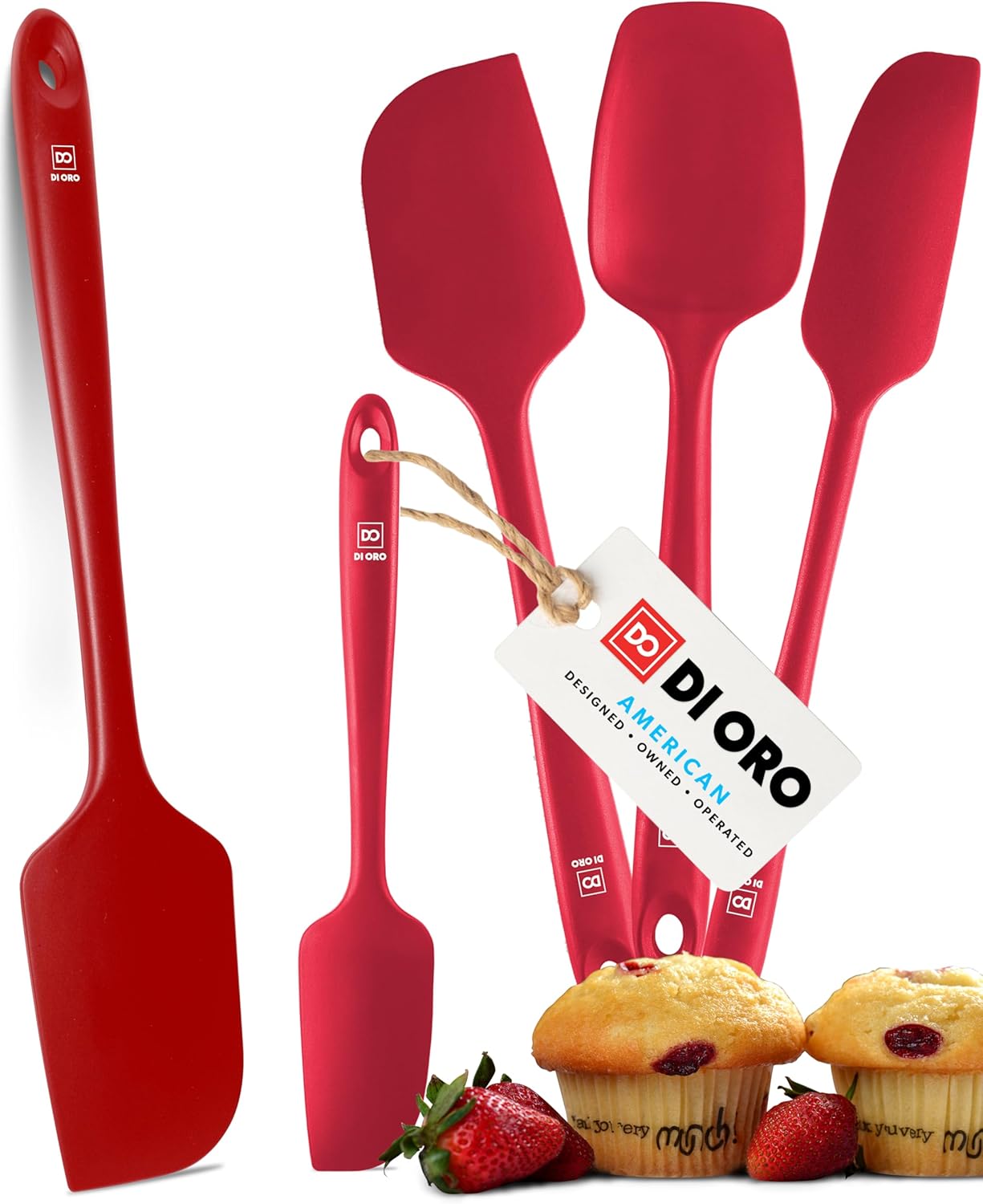 DI ORO Silicone Spatula Set - Rubber Kitchen Spatulas for Baking, Cooking, & Mixing - 600°F Heat-Resistant & BPA Free Silicone Scraper Spatulas for Nonstick Cookware - Dishwasher Safe (5pc, Red)