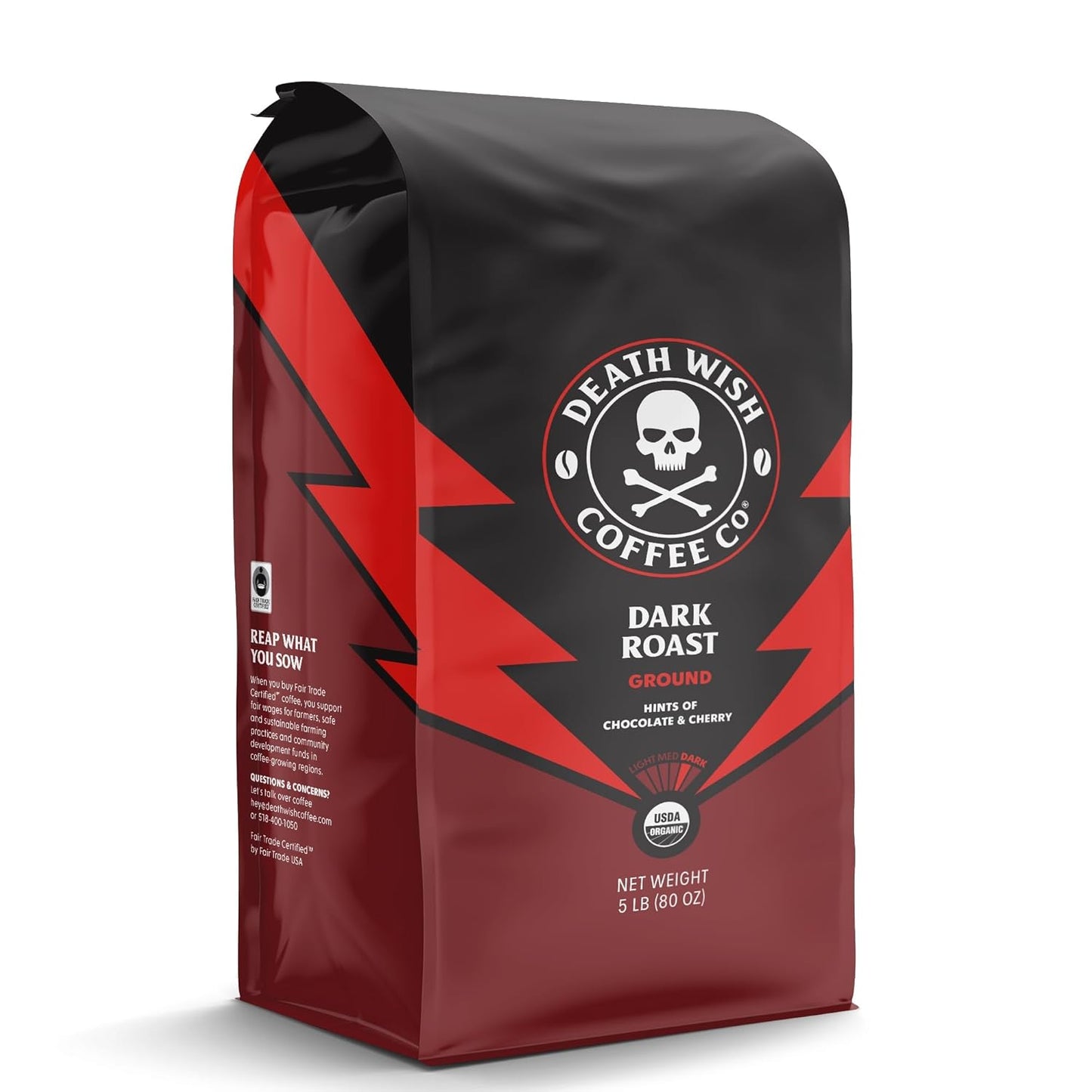 Death Wish Coffee Dark Roast Grounds - Bold Intense Blend of Arabica & Robusta Beans - USDA Organic Ground Coffee - 80 oz.