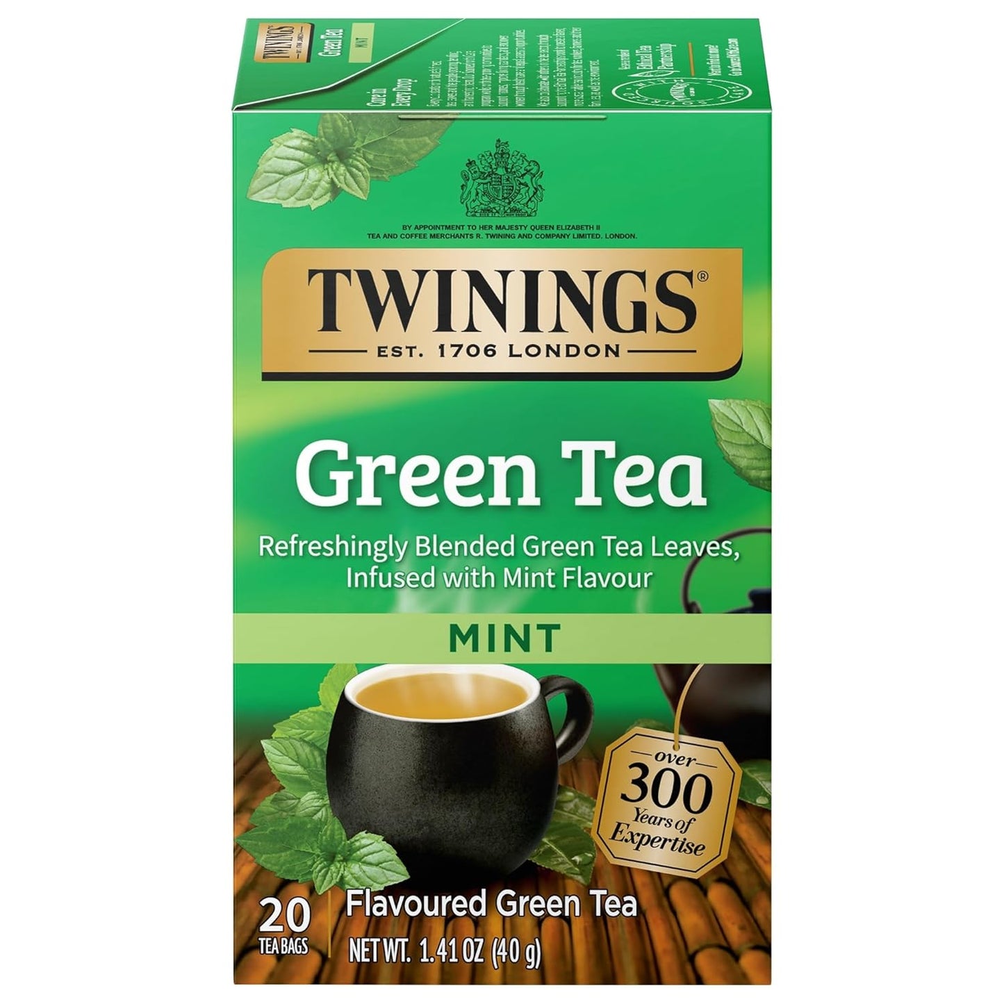 Twinings Green Tea with Mint Individually Wrapped Bags, 20 Count (Pack of 1), Invigorating Aroma, Caffeinated, Enjoy Hot or Iced, 20 Teabags