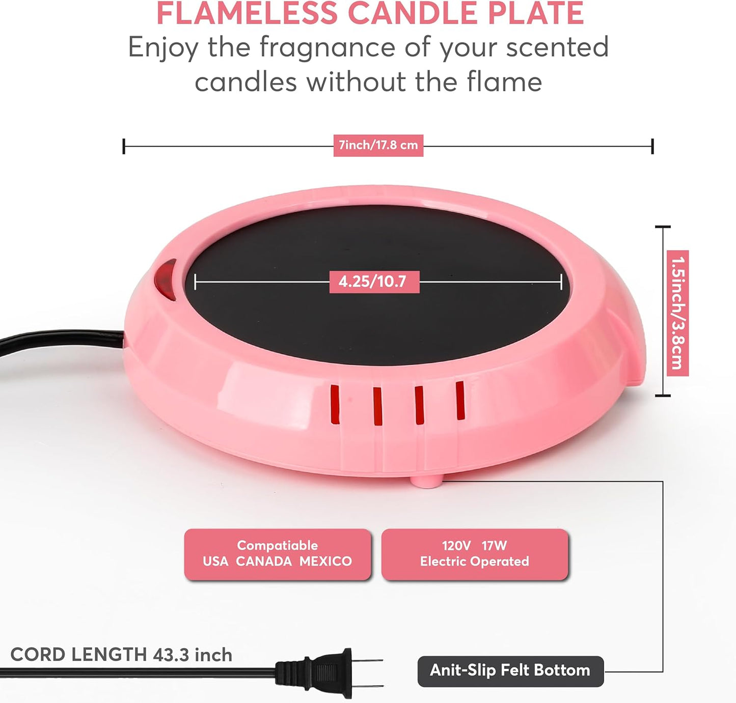 Large Candle Warmer Plate Safely Releases Scents Without a Flame - Used as Candle Jar Warmer, Coffee Warmer, Mug Warmer, Cup Warmer, Tea Warmer Desk in Your Home & Office, 1 Pack, Pink