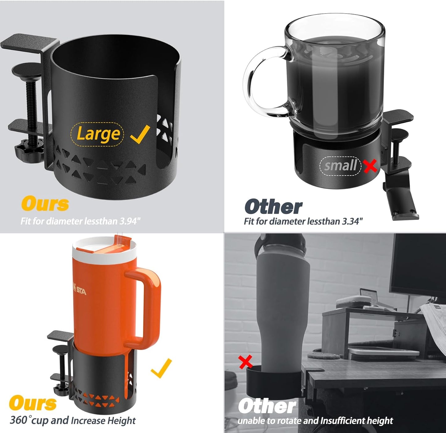 Desk Cup Holder Metal Under Desk 360° Rotating PC Gaming Accessories Anti-Spill Table Cup Holder Clamp on Chair for Coffee Mugs Stanley YETI Bottles, Pencil Holder