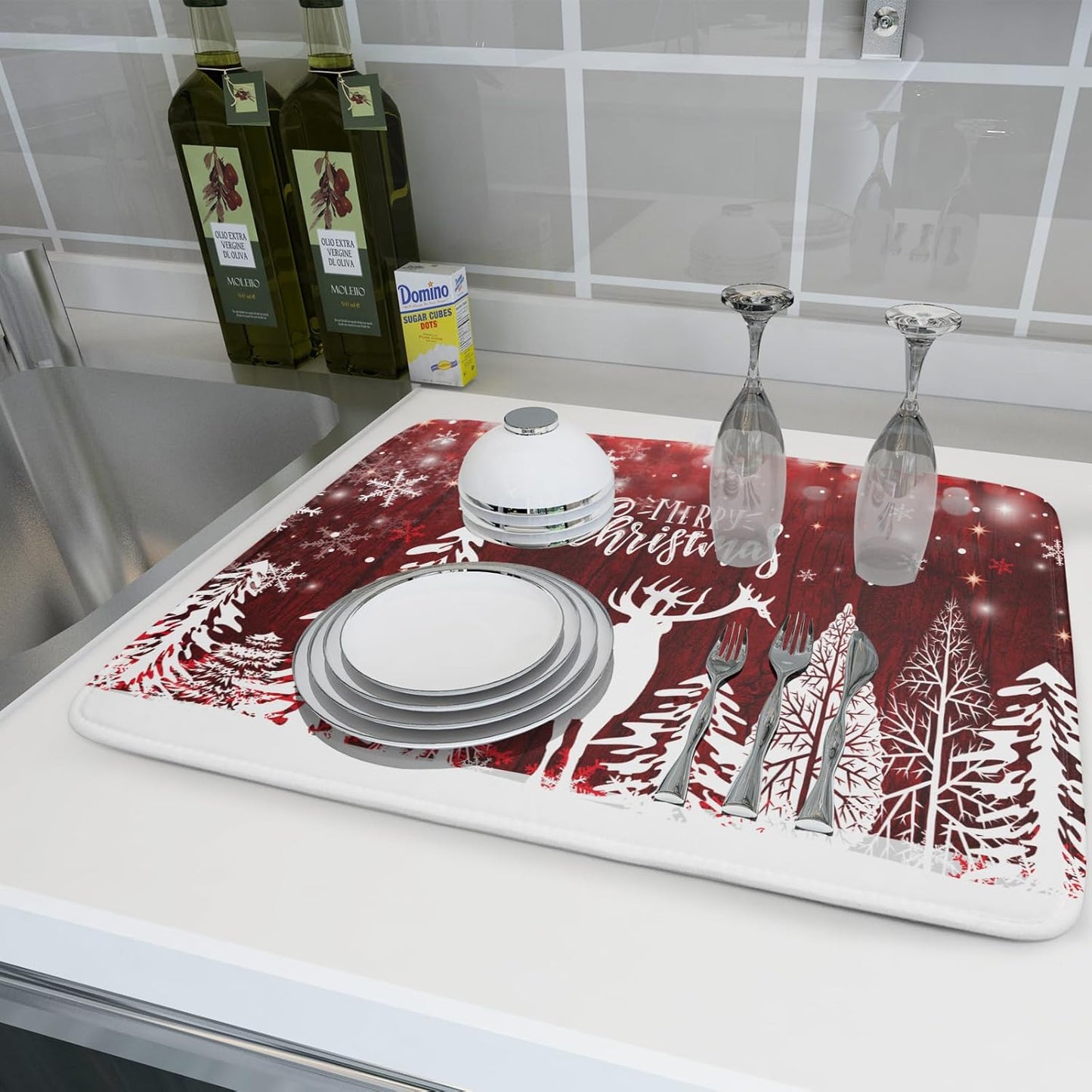 Christmas Dish Drying Mats for Kitchen Counter 16x18 Inch Merry Christmas Happy New Year Snowflake Microfiber Drying Mat Kitchen Accessories Fast Dry Dishes Pad Dish Rack Drainer Mat for Coffee Bar