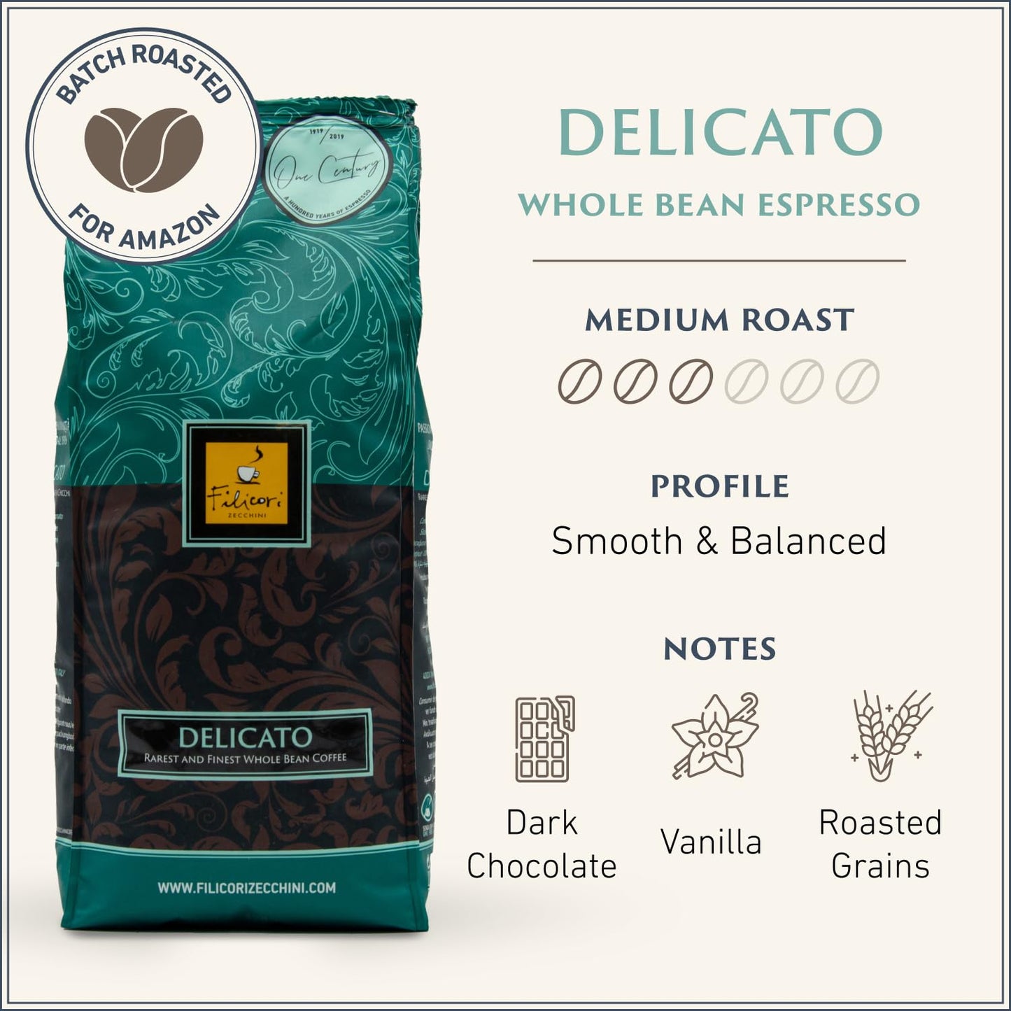 Filicori Zecchini Italian Espresso Beans – Whole Bean Coffee Medium Roast Arabica & Robusta Blend – Low Acidity, Slow Roasted – Delicato 340g