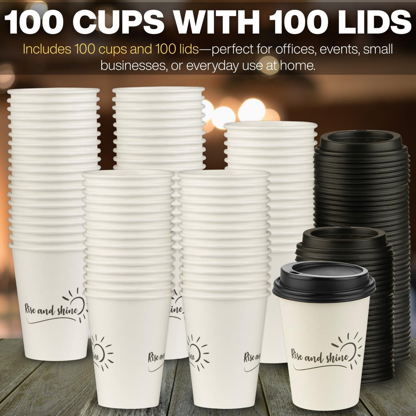 Smygoods Disposable Coffee Cups with Lids, To Go Paper Hot Cups, Rise and Shine Design (12 OZ, 100 Count) For Hot Beverages, Coffee, Tea, Espresso, Cocoa - Vasos Para Cafe