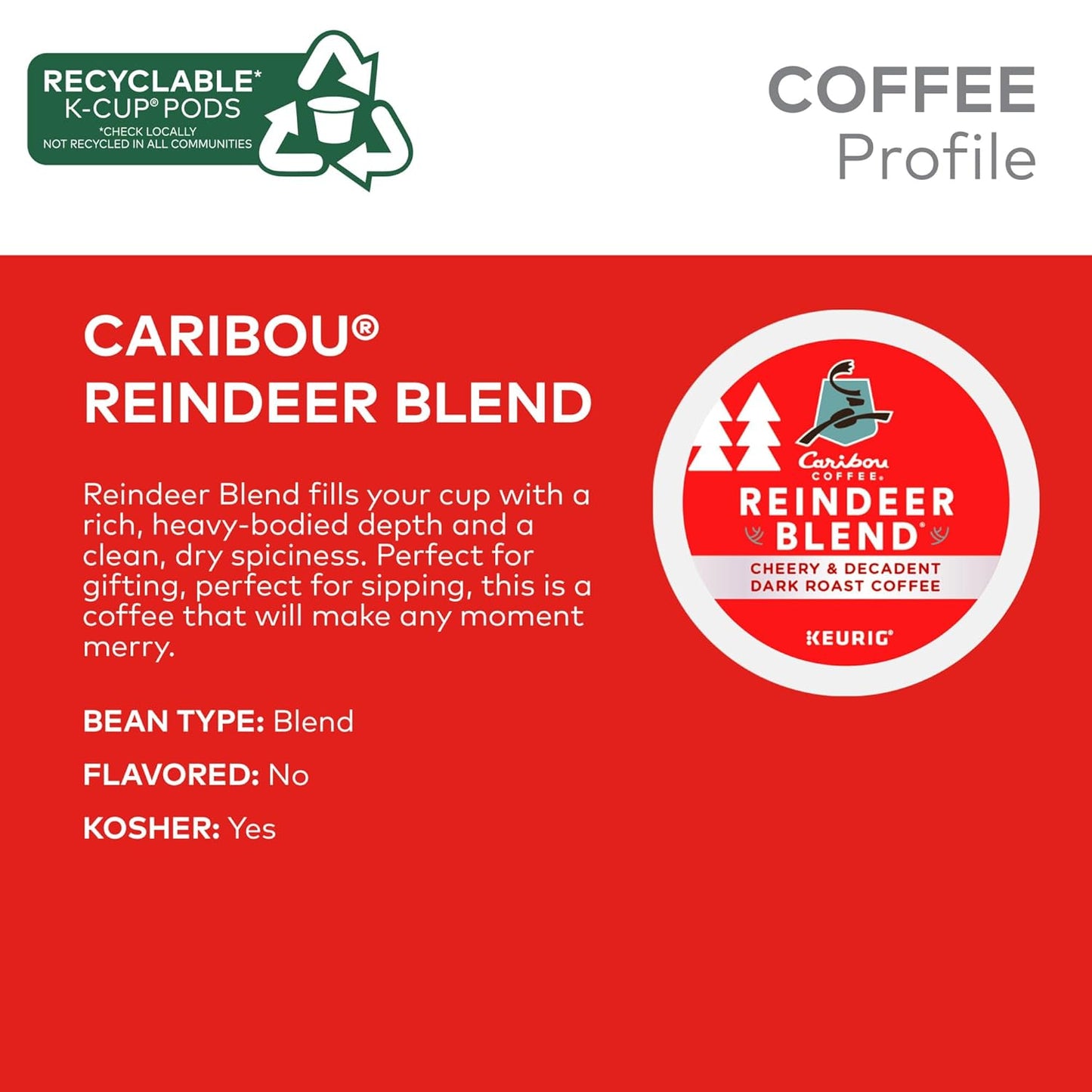 Caribou Coffee Reindeer Blend, Single-Serve Keurig K-Cup Pods, Dark Roast Coffee Pods, 88 Count