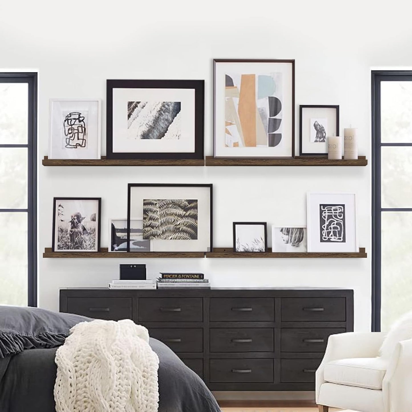 Forbena 36 Inch Long Picture Ledge Shelf, Wooden Floating Shelves for Wall with Lip, Dark Brown Wall Mounted Bookshelf Bookshelves for Living Room Bedroom Office Books Photos (Real Wood, Set of 4)