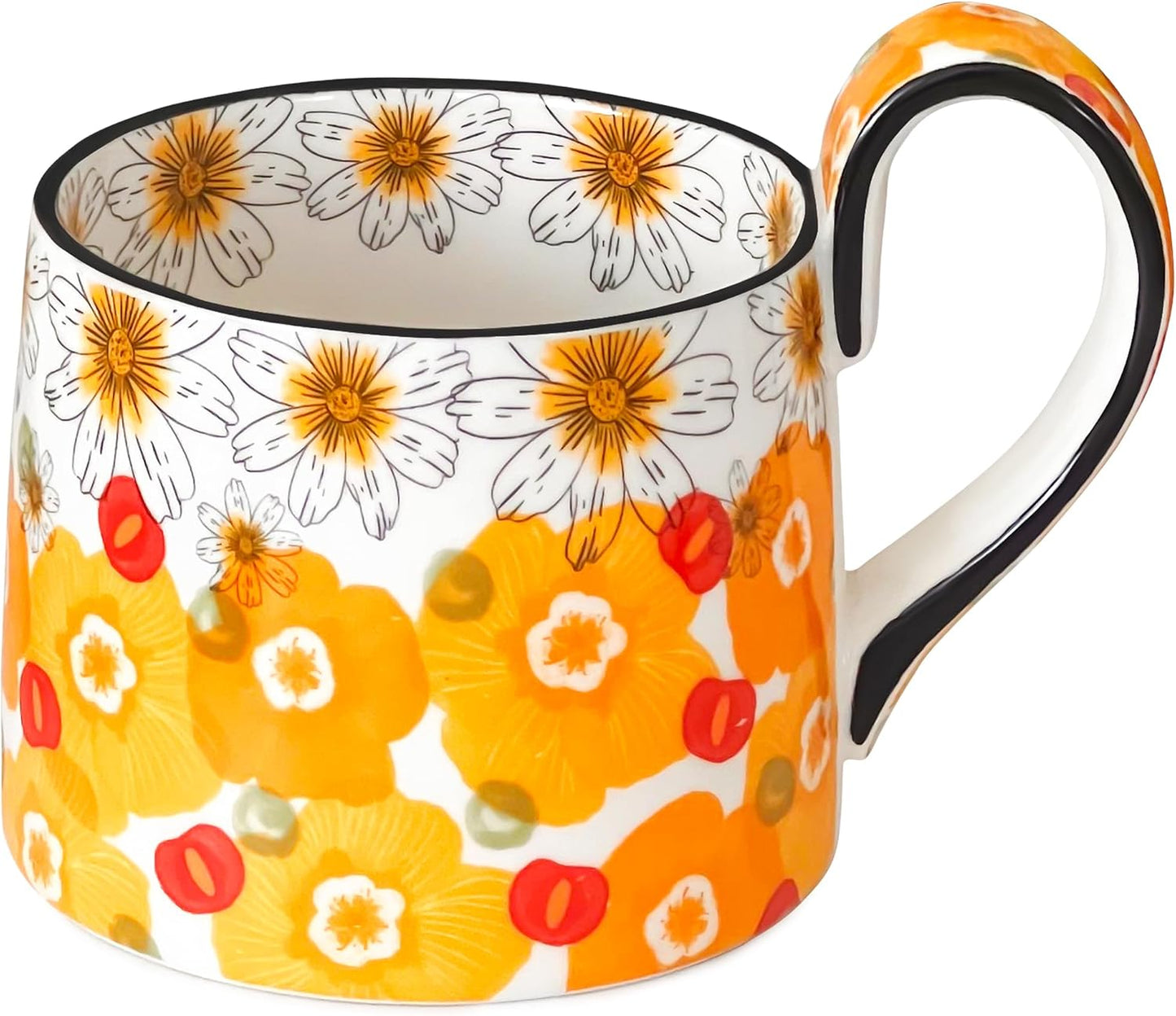 Ceramic Coffee Mug, 12oz Cute Floral Coffee Mugs with Large Handle, Orange Flower Design Stoneware Tea Cup for Office and Home