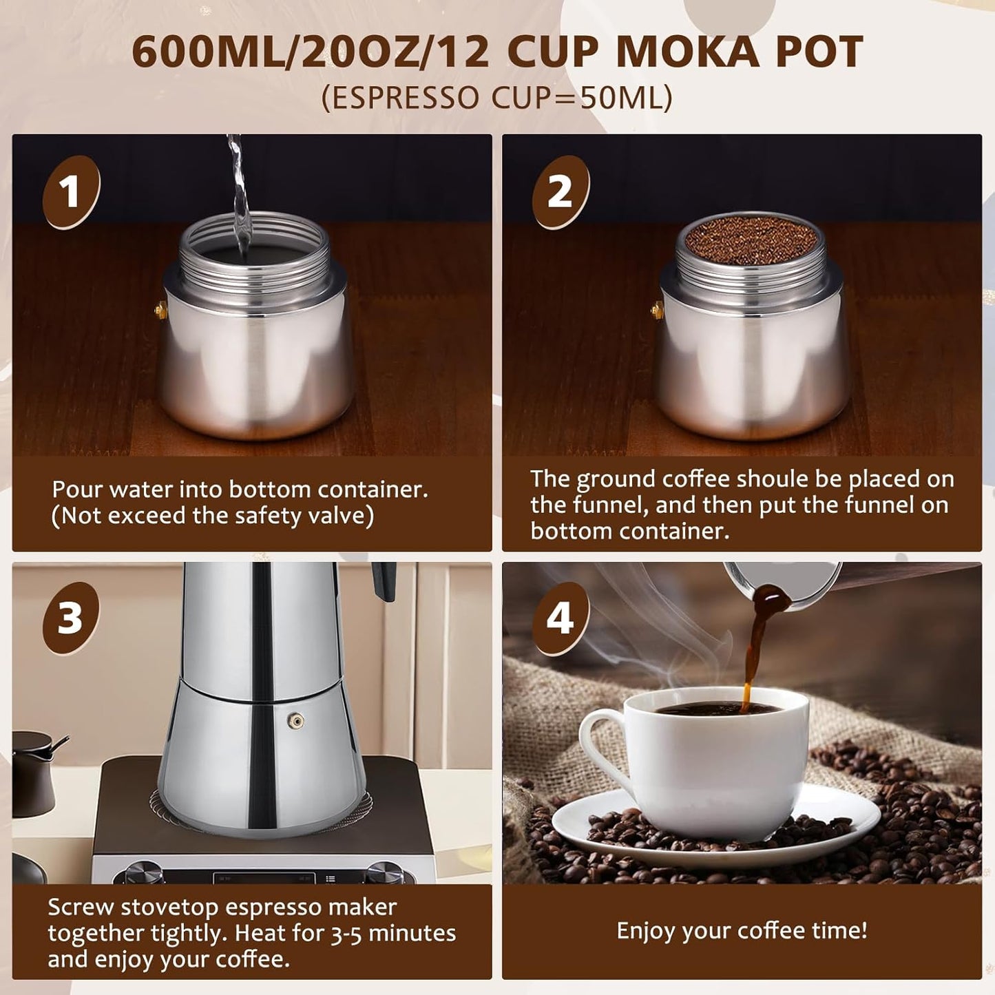 Stovetop Espresso Maker, 12 cup Moka Pot, Italian Coffee Maker Percolator, Stainless Steel Espresso Pots, 600ml/20oz(Espresso Cup=50ml/1.7oz) Coffee Pot Cafe Maker for Induction Cookers, Hobs