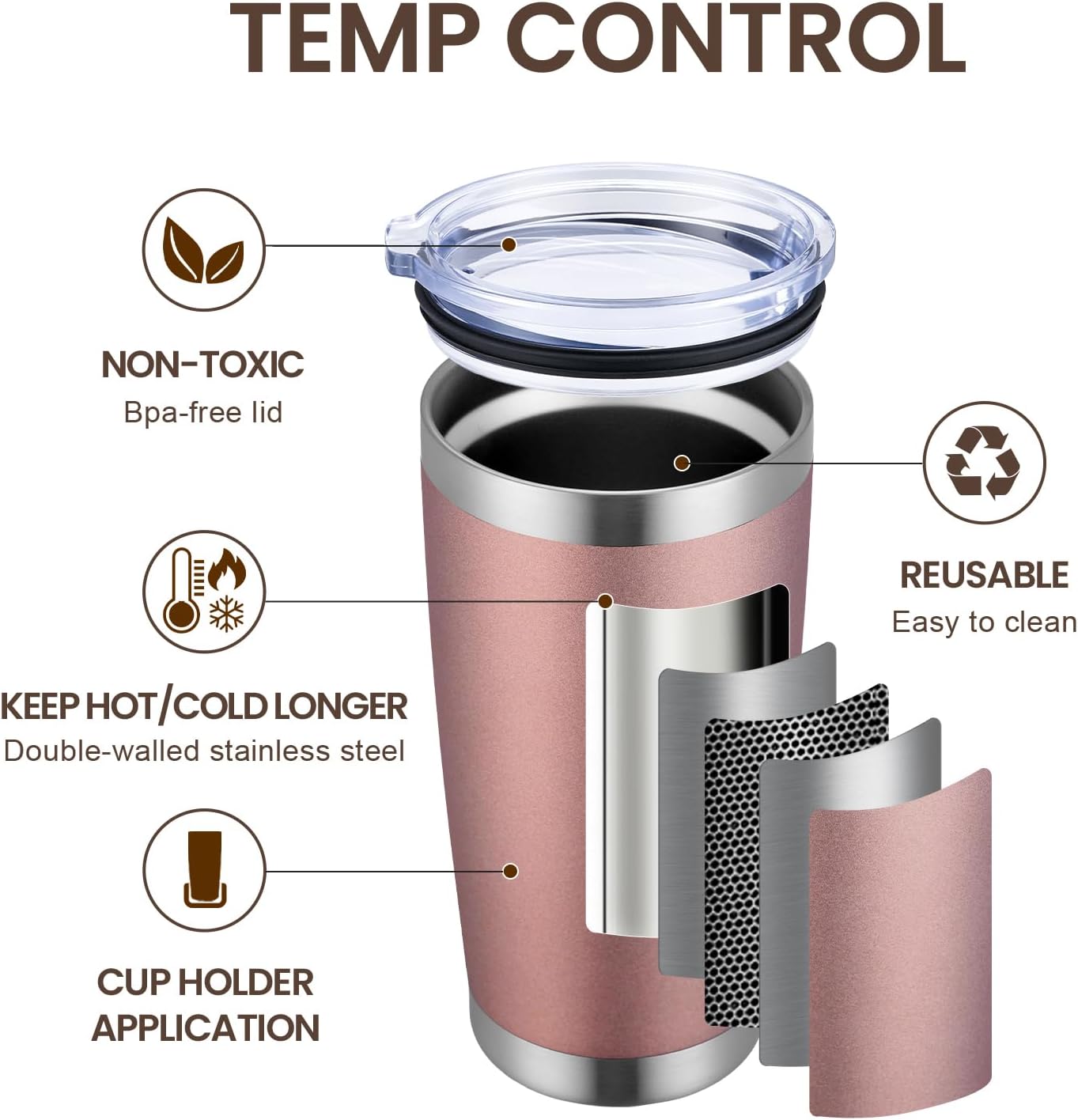 MEWAY 20oz Tumbler Cup Double Wall Vacuum Insulated Travel Mug Bulk, Stainless Steel Tumblers with Lid and Straw, Durable Powder Coated Coffee Cups for Cold & Hot Drinks (Rose Gold, 1)