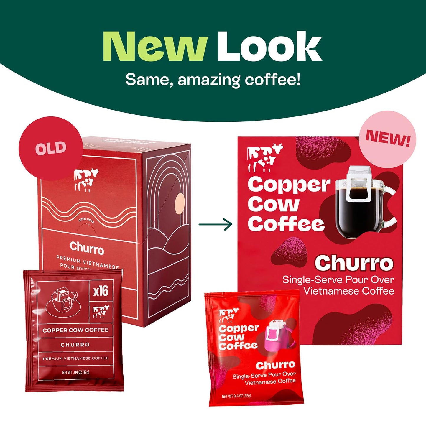 Copper Cow Premium Pour Over Single-Serve Vietnamese Coffee | Churro | Dark Roast | Flavored with Real Cinnamon | Includes 8 Coffees