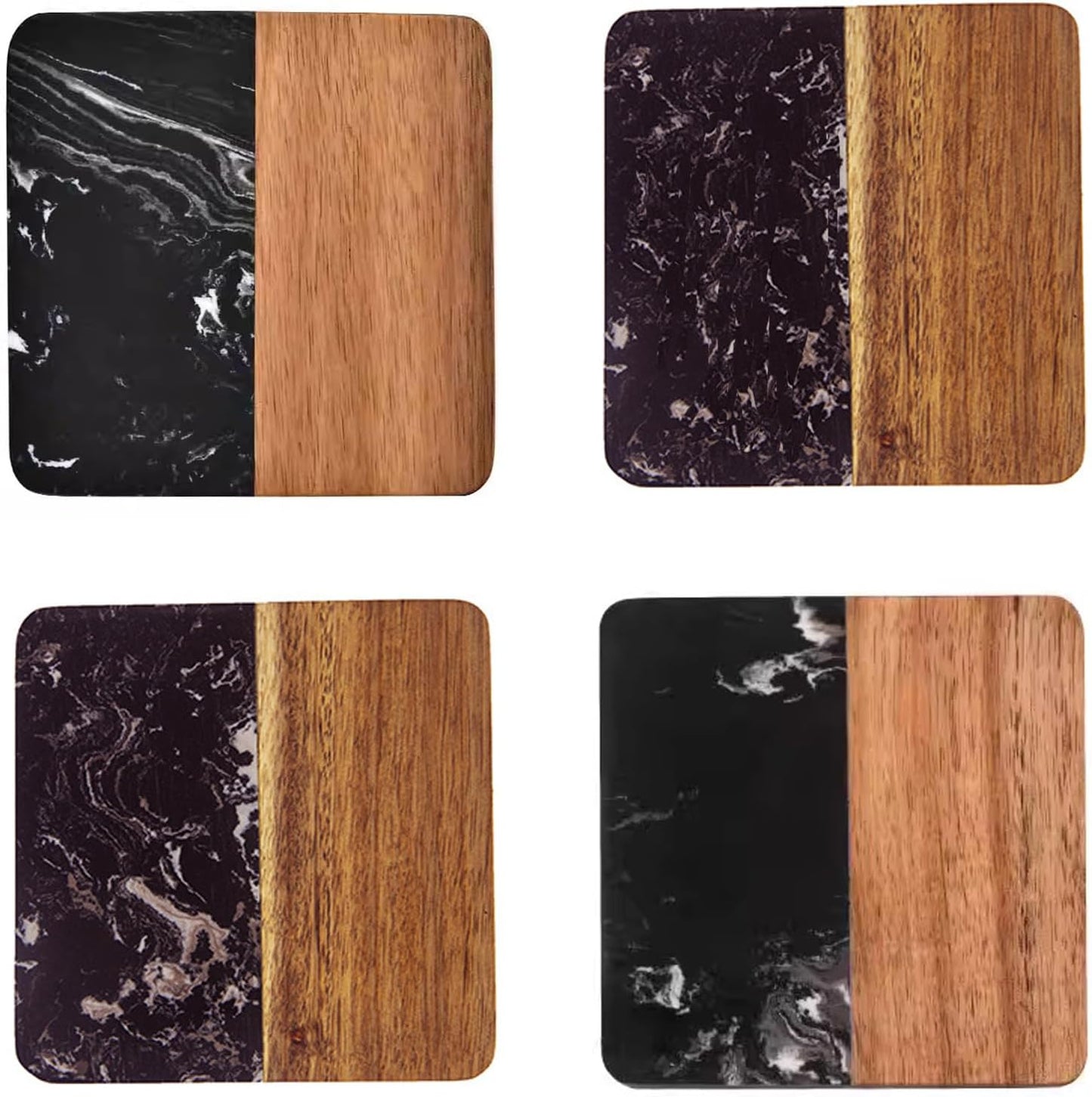 I-LAN 4 Pack 4 x 4 Inch Squre Natural Wood and Marbel Style Coasters for Drinks，Marble and Natural Wood Joint Mixed Modern Style Heat-Resistant Coaster Set for Home Kitchen