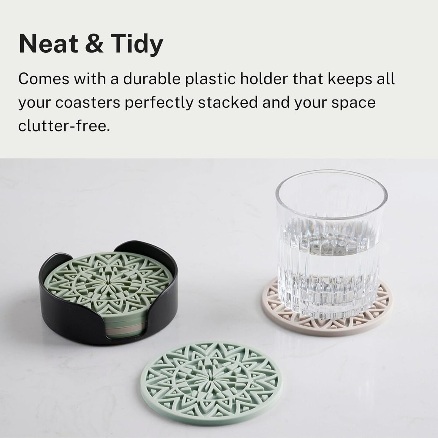 Set of 6 Sage Green Silicone Coasters with Holder, Drink Coasters with Tribal Pattern Shape- for Table Protection, Anti Slip, Nonstick, Heat Resistant, Deep Tray