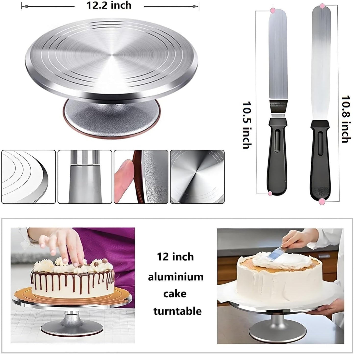 198 Pcs Cake Decorating Kit with Aluminium Alloy Cake Turntable,24 Numbered Icing Piping Tips,2 Couplers,2 Cake Spatulas,3 Comb Scrapers,8 Carved Pens, 50 Pastry Bags,50 Cake Flags